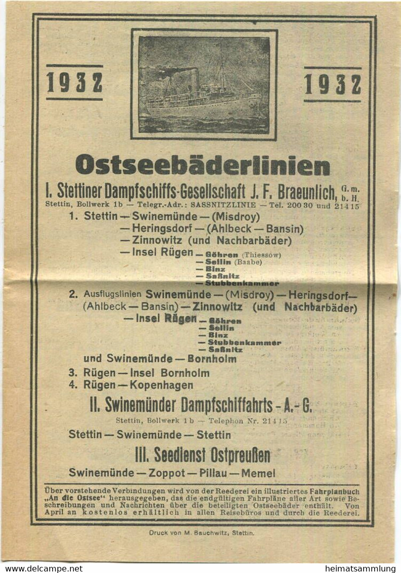 Fahrplan Der Ostseebäderlinien 1932 - Stettiner Dampschiffs-Gesellschaft J. F. Braeunlich GmbH - Swinemünder Dampfschiff - Europe