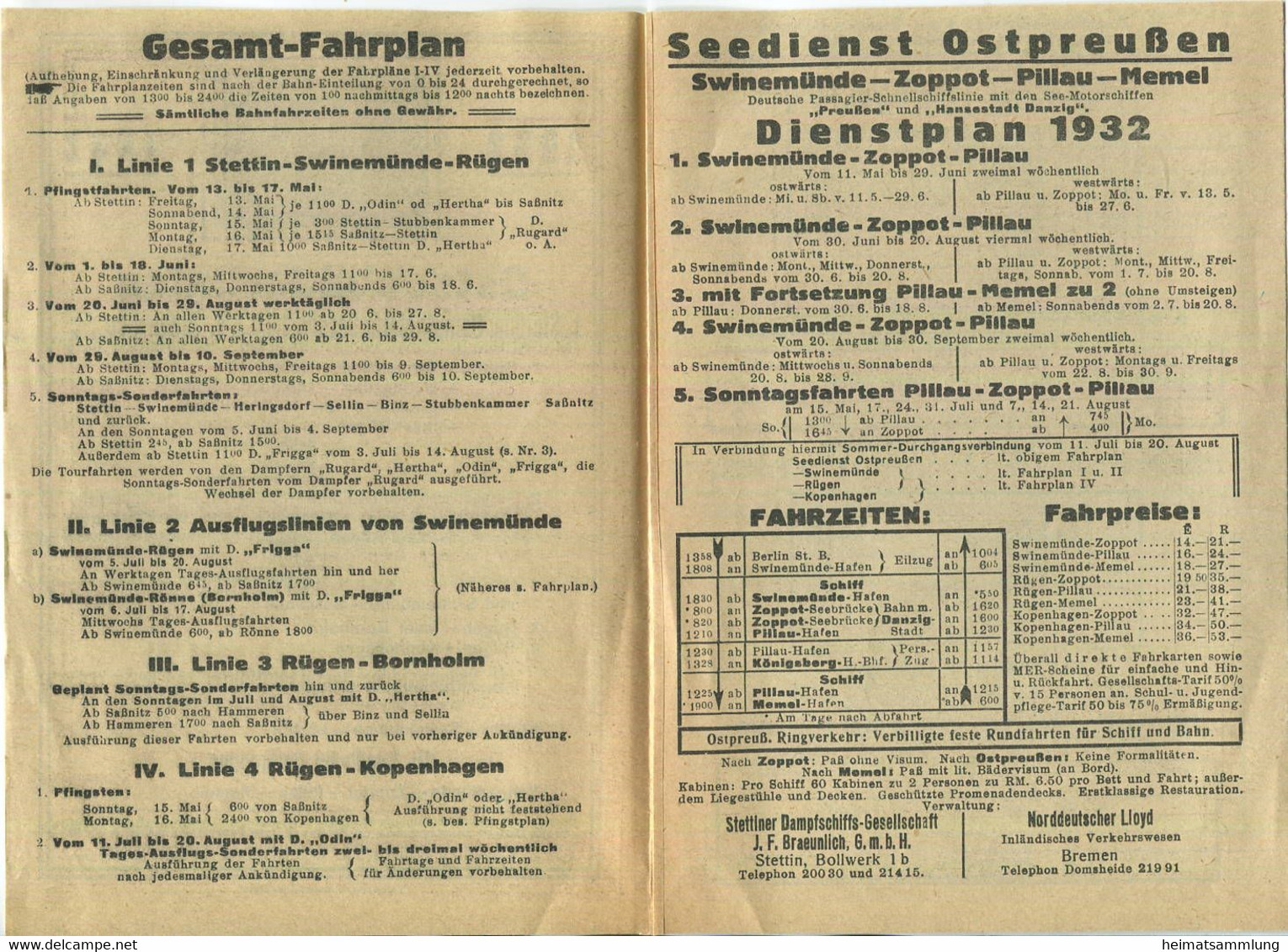 Fahrplan Der Ostseebäderlinien 1932 - Stettiner Dampschiffs-Gesellschaft J. F. Braeunlich GmbH - Swinemünder Dampfschiff - Europa