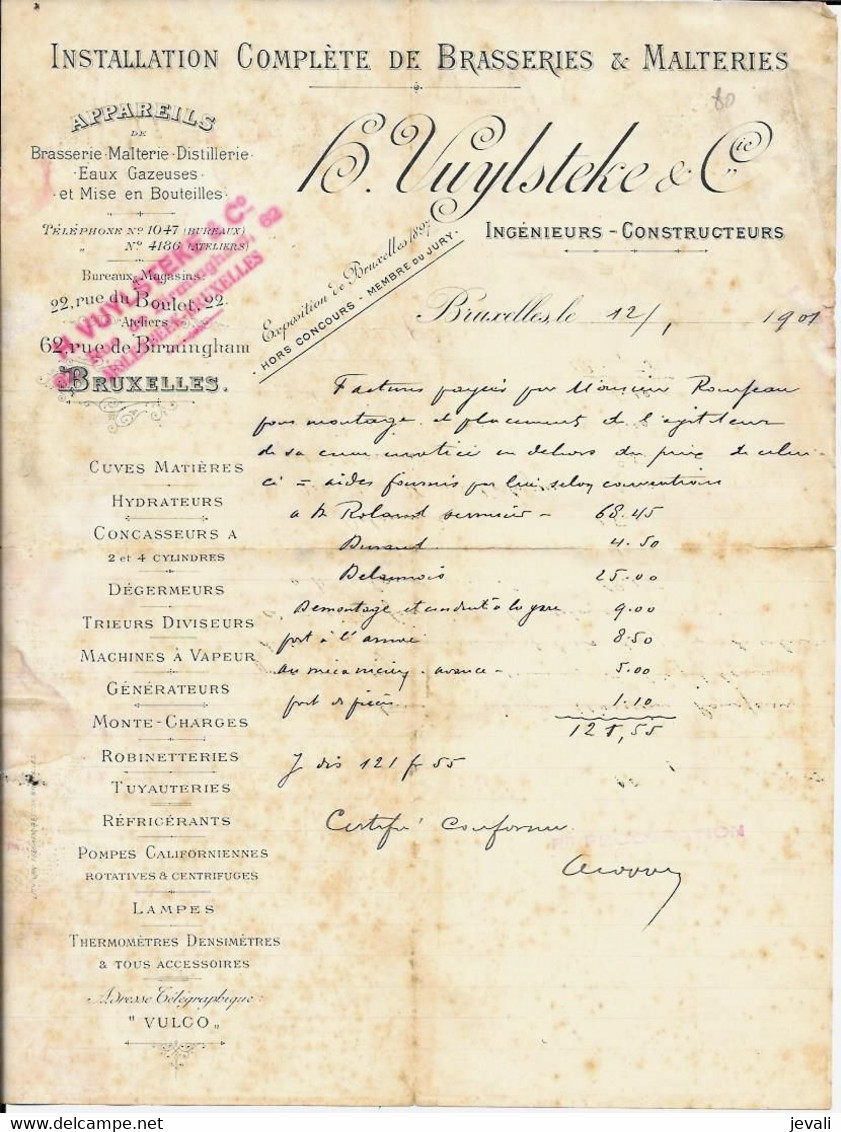 BRUXELLES   VUYLSTEKE & Cie    Installation Complète De Brasseries Et Malteries    -  1901 - Autres & Non Classés