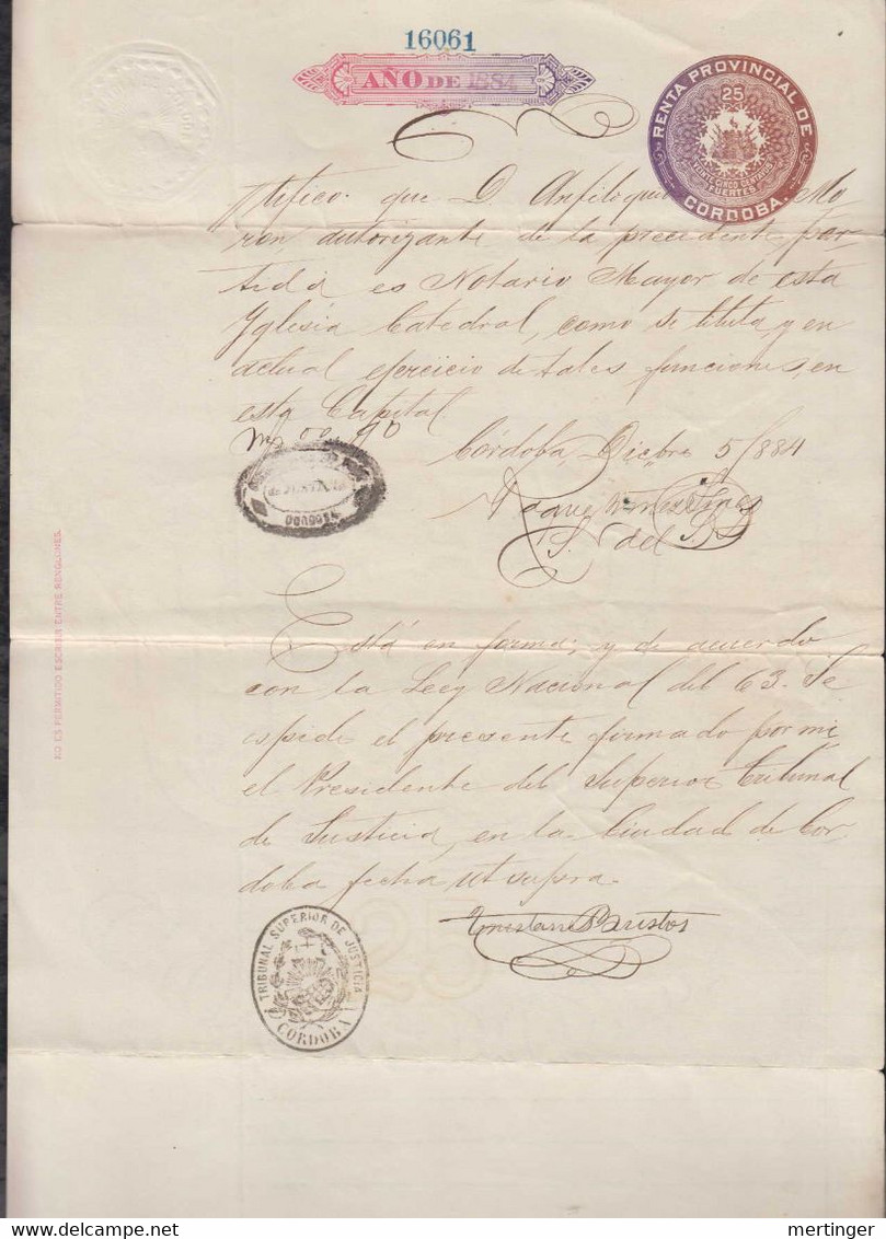 Argentina 1884 Revenue Fiscal Document Stationery CORDOBA 25 Centavos - Briefe U. Dokumente