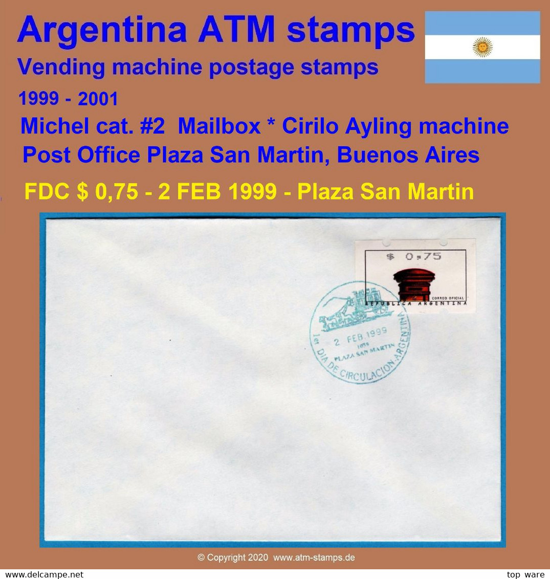 1999 Argentinien Argentina ATM 2 / Red Mailbox / $0,75 On FDC 2 FEB 1999 / FRAMA Automatenmarken Etiquetas Klüssendorf - Vignettes D'affranchissement (Frama)