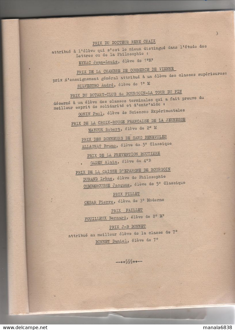 Collège Bourgoin 1957 1958 Distribution Des Prix Palmarès - Non Classés