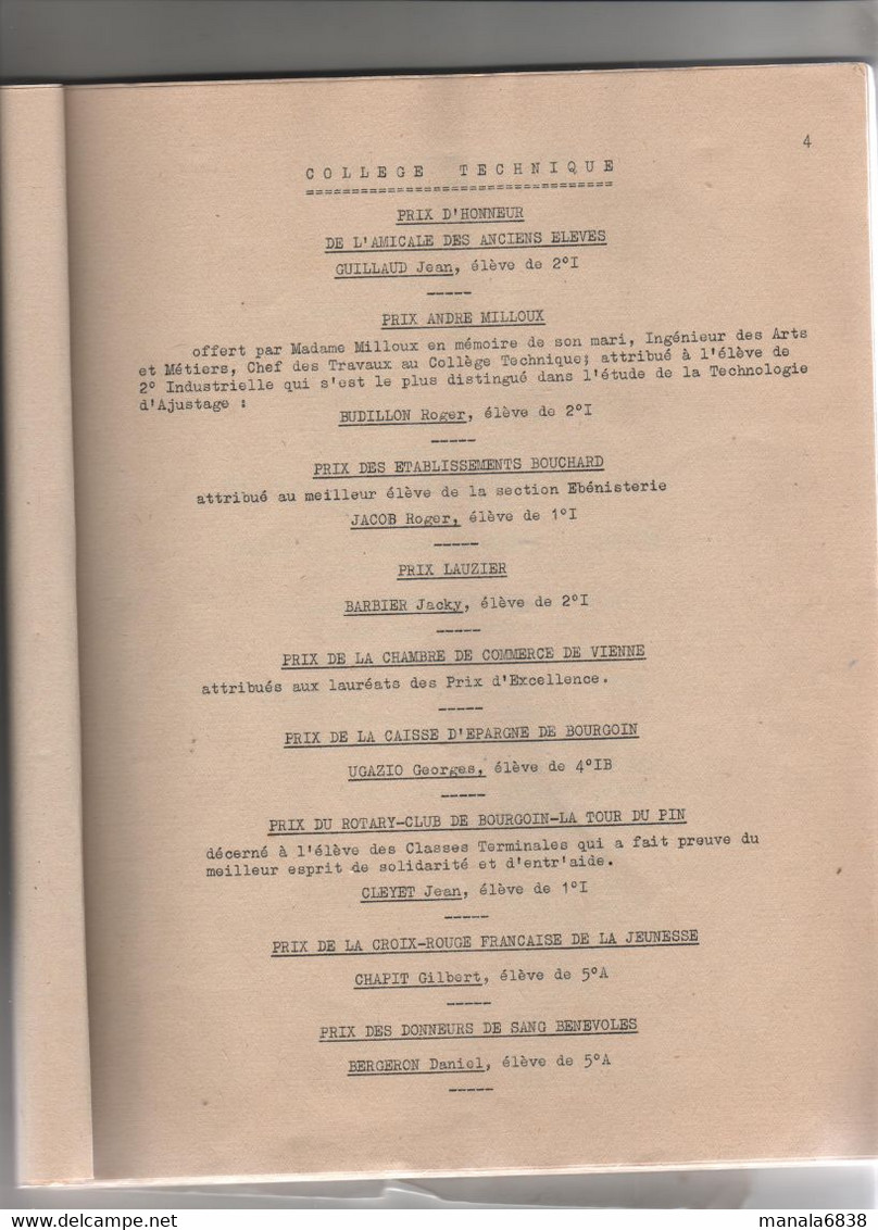 Collège Bourgoin 1957 1958 Distribution Des Prix Palmarès - Non Classés