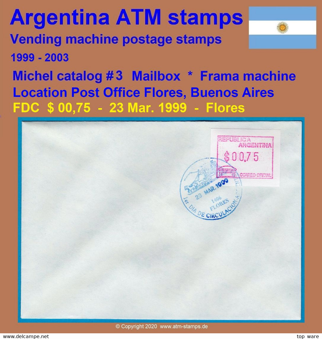 1999 Argentinien Argentina ATM 3 / $0,75 On FDC 23 MAR.1999 / FRAMA Automatenmarken Etiquetas Klüssendorf - Viñetas De Franqueo (Frama)