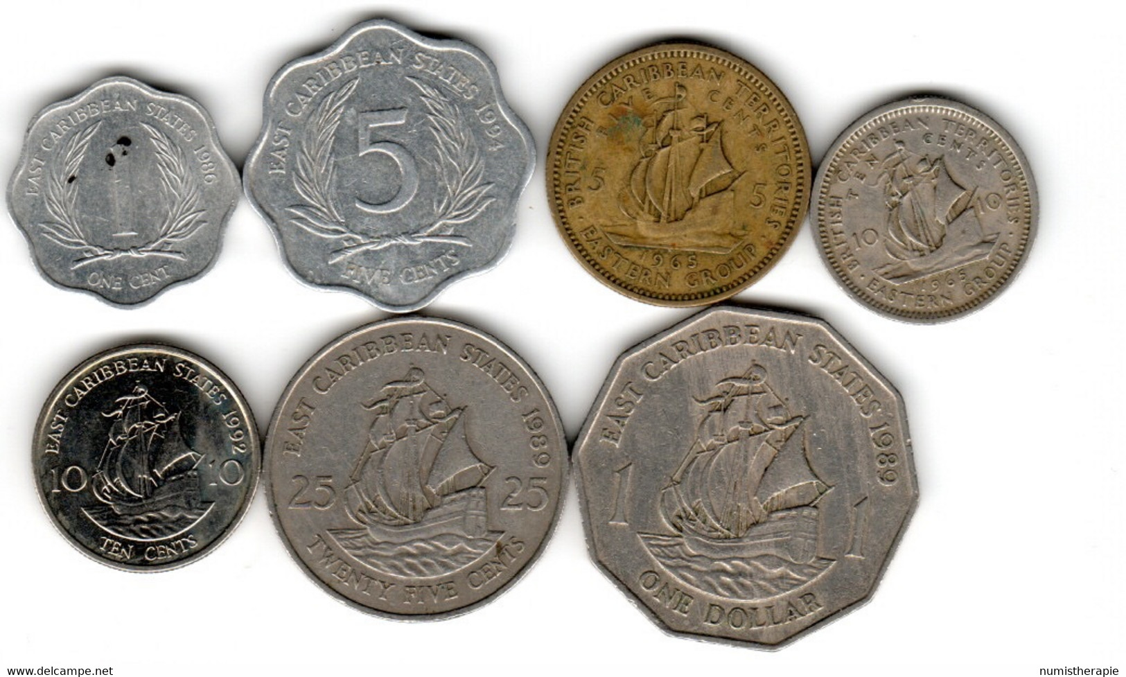 East Caribbean States : Lot De 7 Pièces : Dont 2 Lobé 1 Décagone : QE II Voiliers - Caribe Británica (Territorios Del)