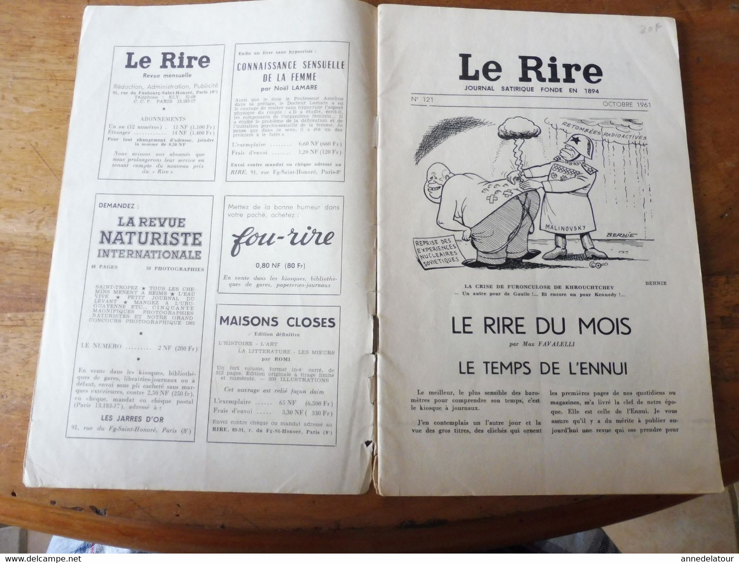 1961 Le RIRE Satirique ,par Bernie "REPRISE DES EXPERIENCES NUCLEAIRES RUSSES" Et Humour R. Caille, Sand, By, Nage,  Etc - Humour