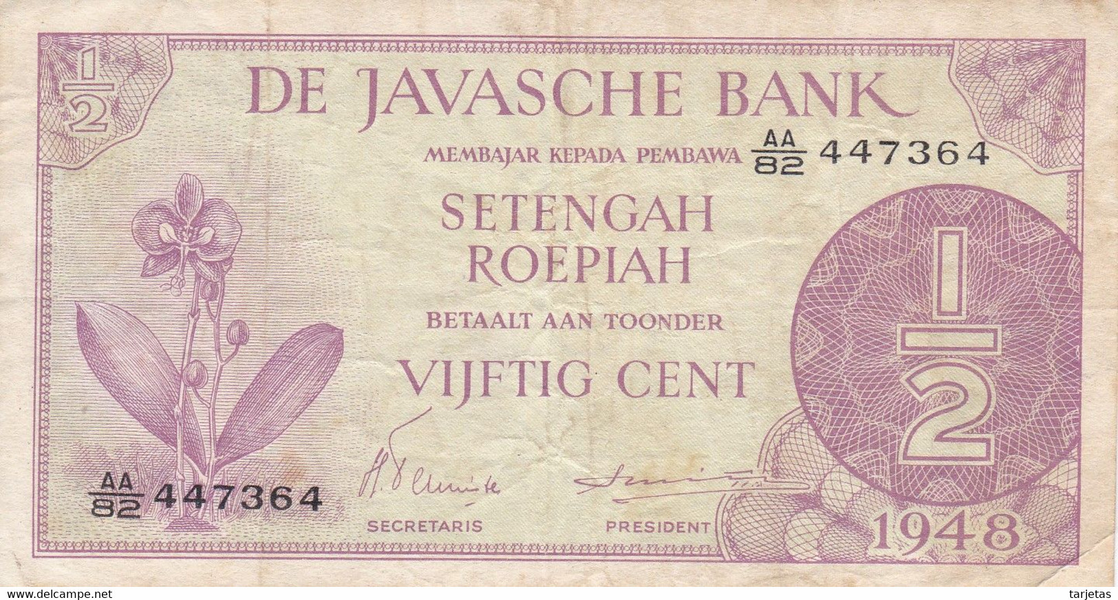 BILLETE DE INDES NEERLANDESAS DE 1/2 GULDEN DEL AÑO 1948 (BANKNOTE) JAVASCHE BANK - Indie Olandesi