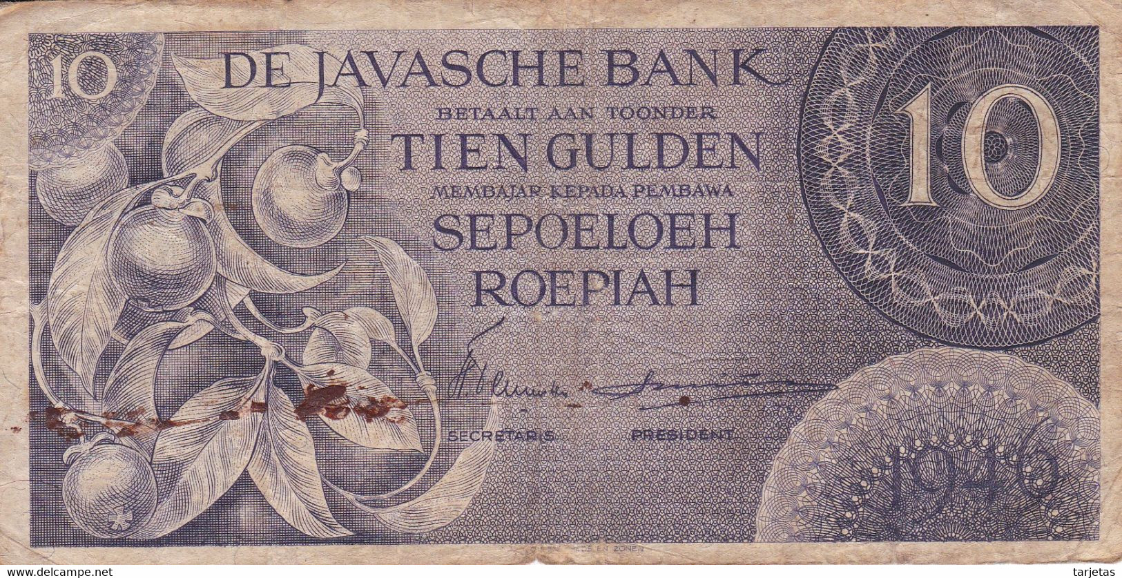 BILLETE DE INDES NEERLANDESAS DE 10 GULDEN DEL AÑO 1946 (BANKNOTE) JAVASCHE BANK - Indes Neerlandesas