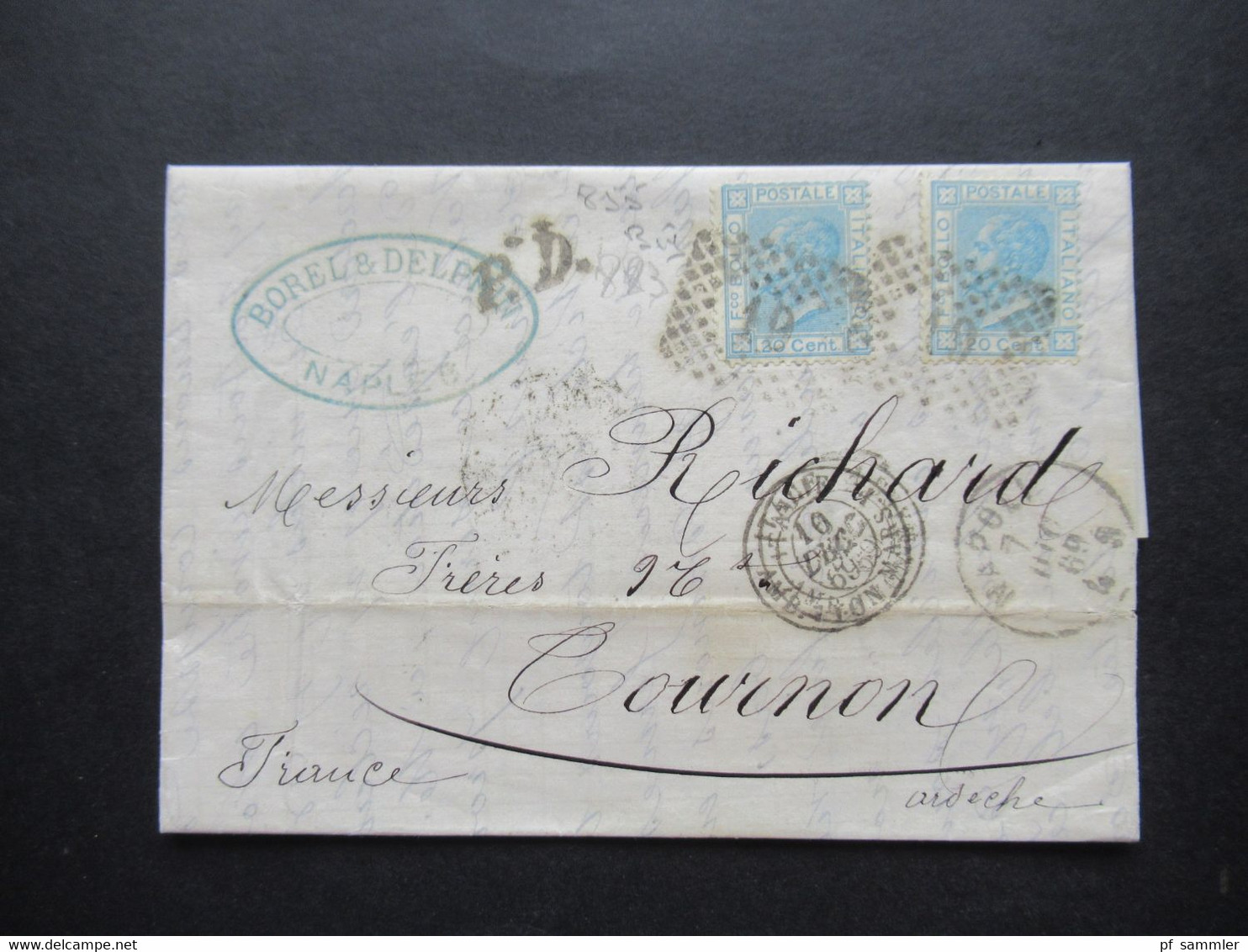 Italien 1869 Nr.26 (2) Von Napoli - Tournon Stempel PD Und Schwarzer K2 Italie AMB Lyon Faltbrief Mit Inhalt - Marcophilie