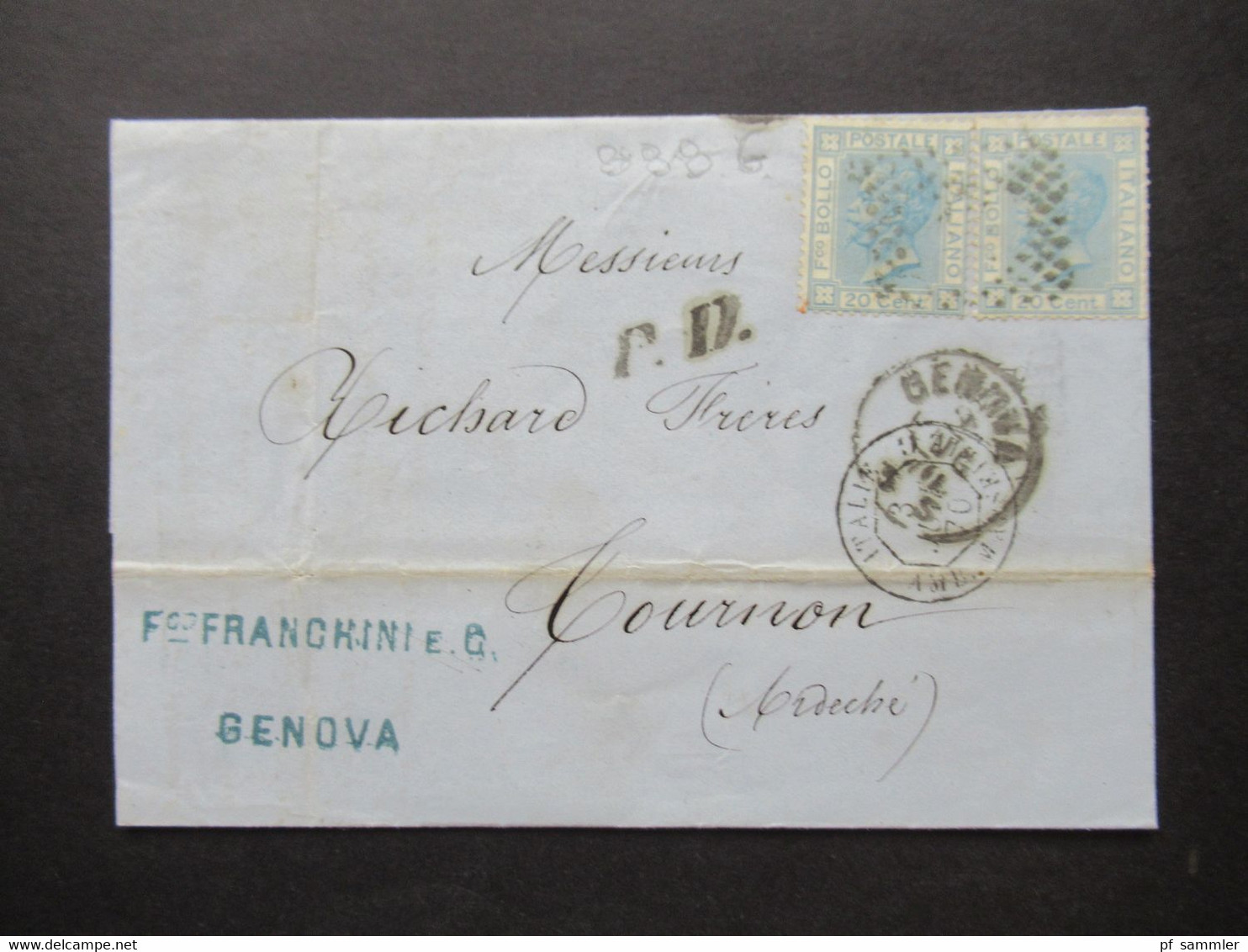 Italien 1870 Nr.26 (2) Von Genova - Tournon Stempel PD Und Schwarzer K2 Italie AMB Marseille Faltbrief Mit Inhalt - Marcophilie