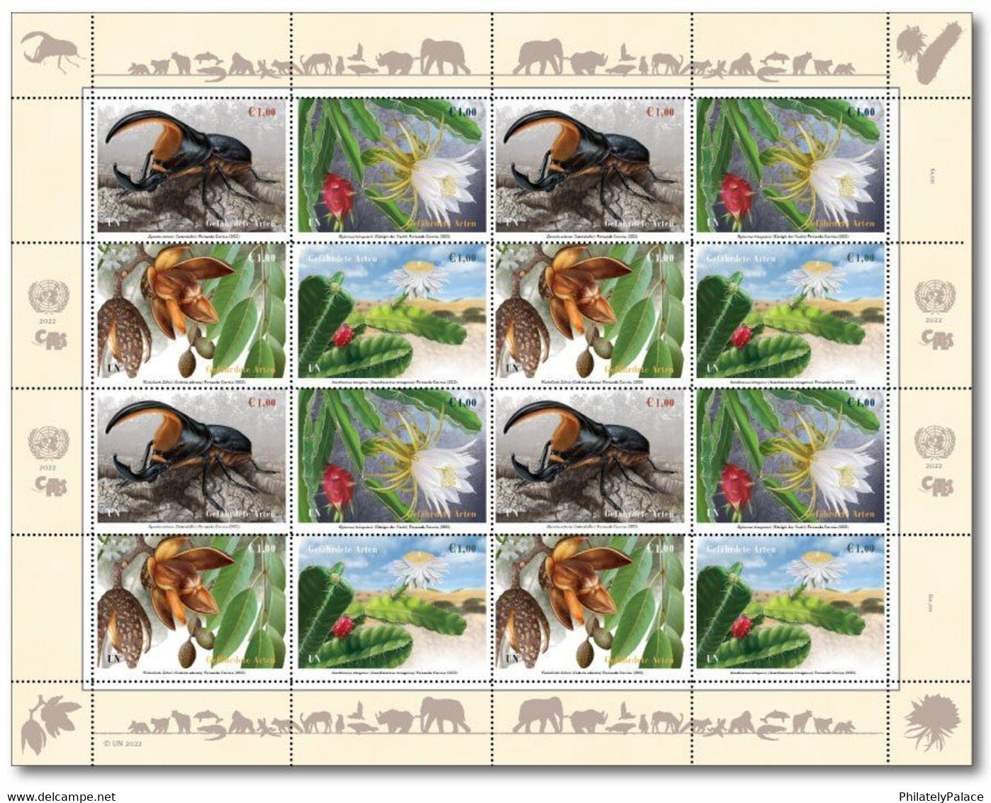 UN 2022 United Nations Endangered Species Wildlife Satanas Beetle, Cereus, Cactus, Cedar , Flora, Flower Set MNH (**) - Covers & Documents