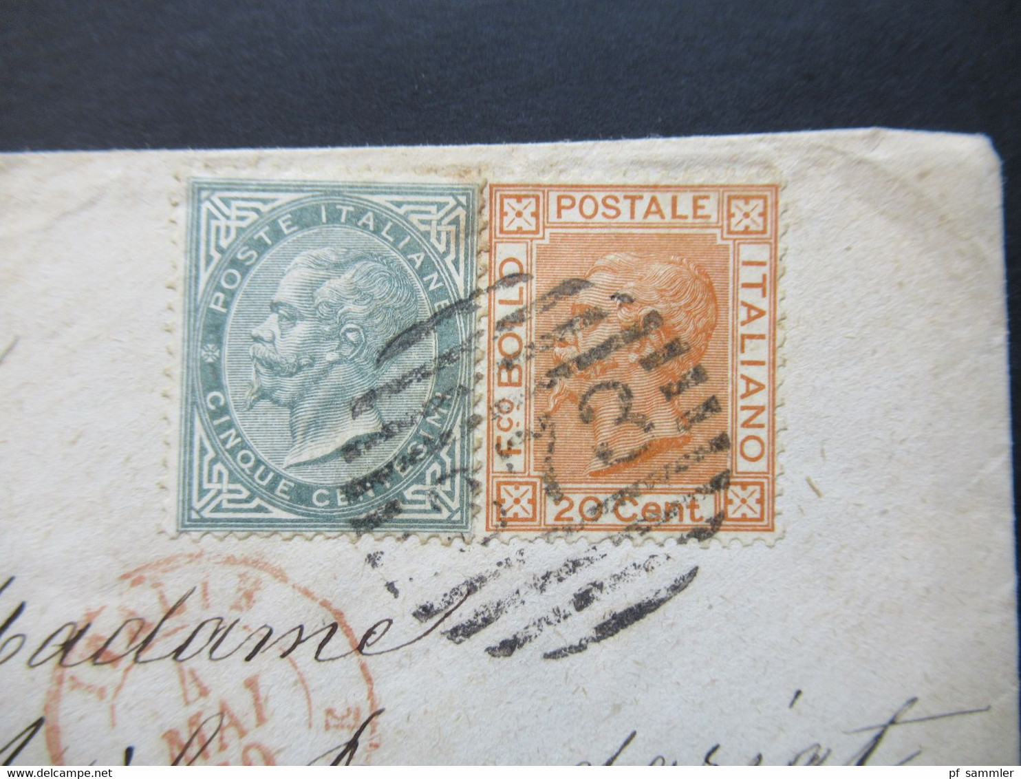 Italien 1869 Michel Nr.16 Und Nr.28 Bagnara Calabra - Moirans Roter K2 Italie Grenoble Umschlag Mit Nummernstempel 853 - Marcophilie