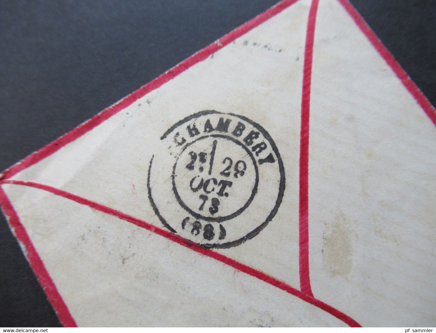 Italien 1873 Michel Nr.20 Torino  - Yenne roter K2 Italie Chambery Umschlag Nummernstempel 189 Zierumschlag / roter Rand