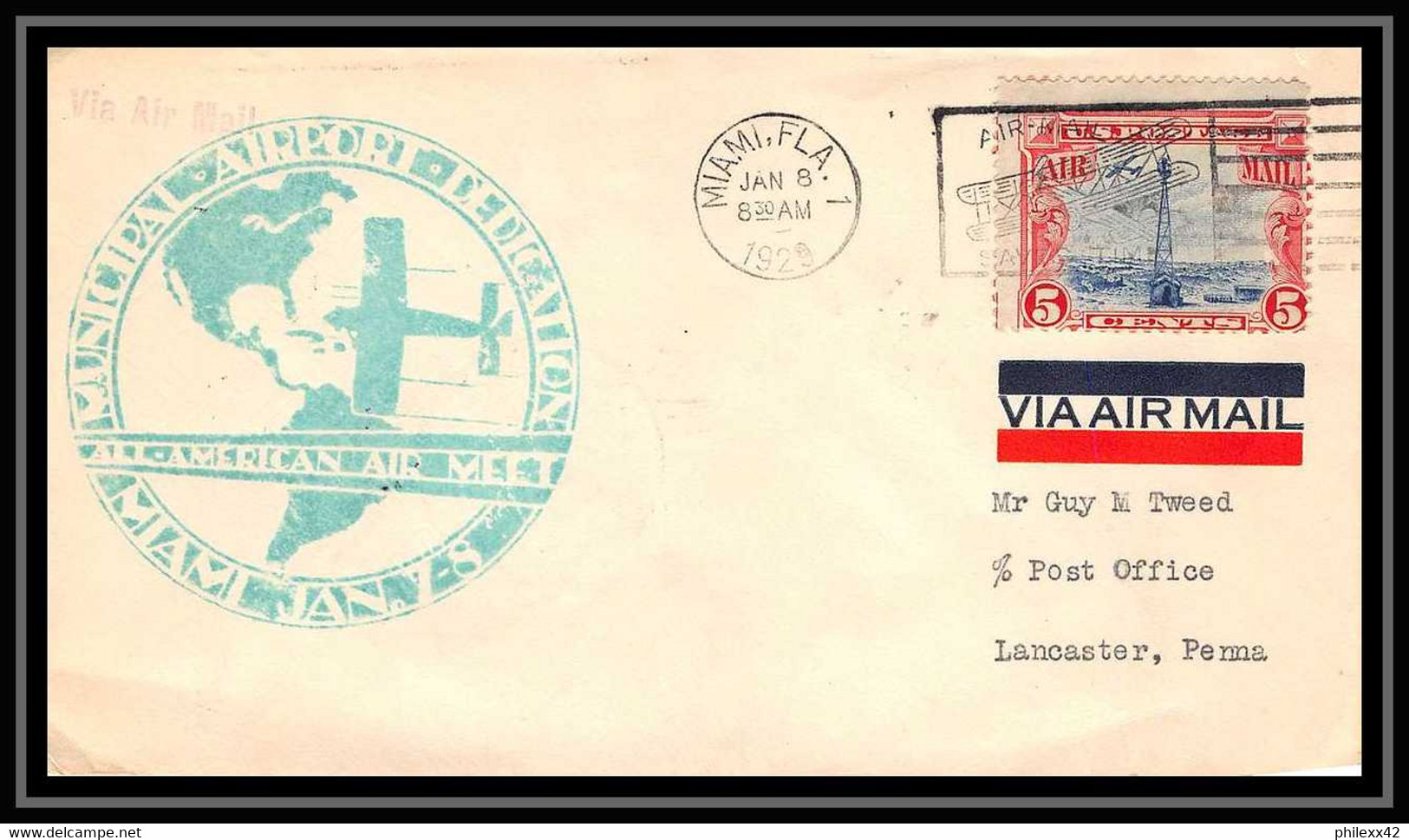 0504 Lettre USA Aviation Premier Vol Airmail Cover First Flight Aeroplane 1929 Miami Municipal Airport - Cartas & Documentos