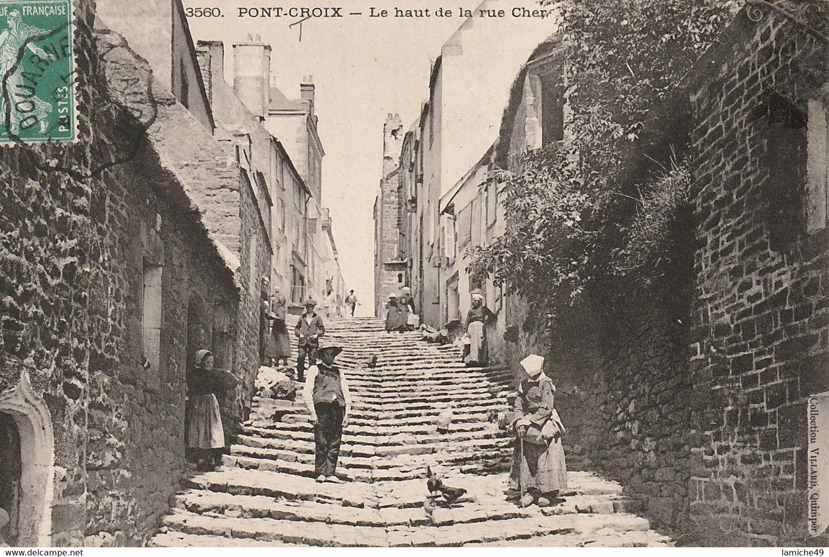 PONT CROIX / Le Haut De La Rue Cher Timbre 1908 Semeuse 5c - Pont-Croix