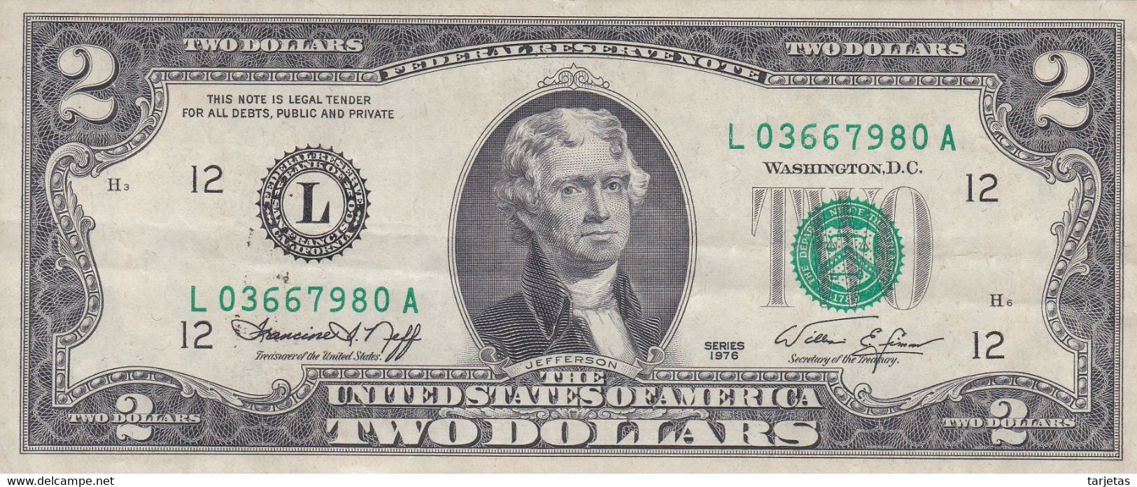BILLETE DE ESTADOS UNIDOS DE 2 DÓLLARS DEL AÑO 1976 SERIE L - CALIFORNIA (BANK NOTE) - Biljetten Van De  Federal Reserve (1928-...)