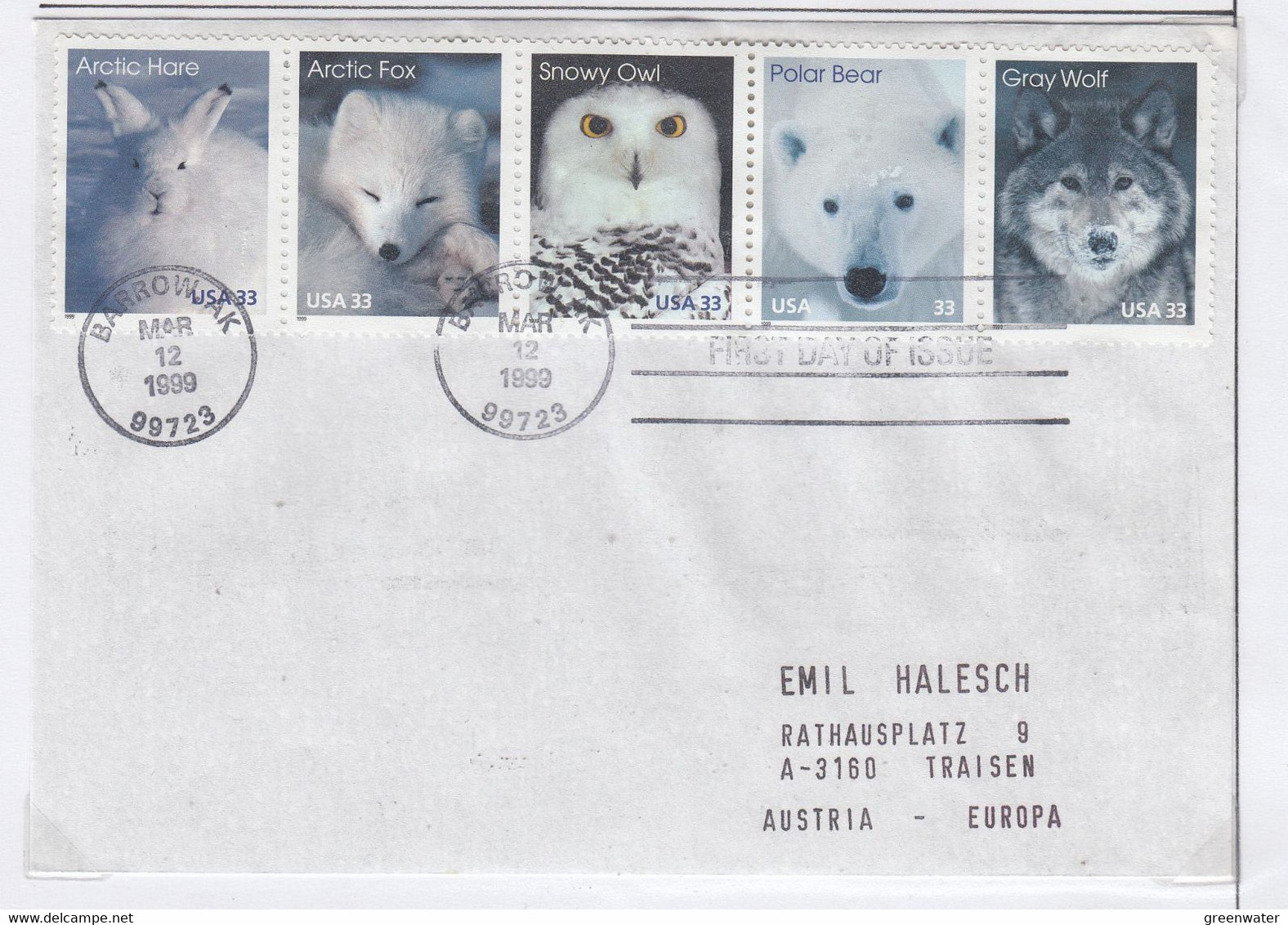 USA 1999 Arctic Animals Strip 5v FDC Ca Barrow AK Mar 12 1999 (AA152) - 1991-2000