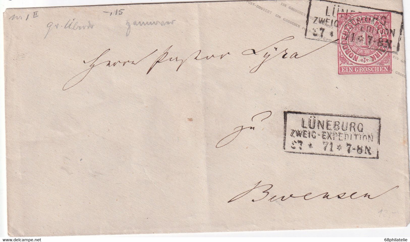 NORDDEUTSCHER BUND  1871    ENTIER POSTAL/GANZSACHE/POSTAL STATIONERY LETTRE DE LÜNEBURG - Postal  Stationery