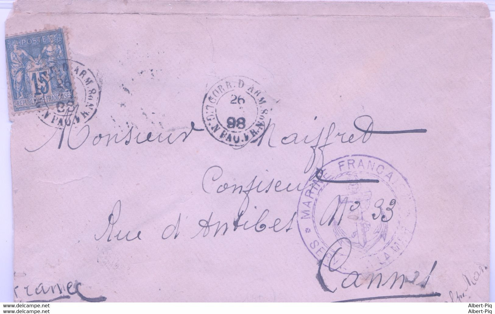 N° 90, 15 Cts Sage, Ob. Timbre à Date Corrs D'Armée Paq Fr N°8 . Rare Ainsi Et TTb - Brieven En Documenten