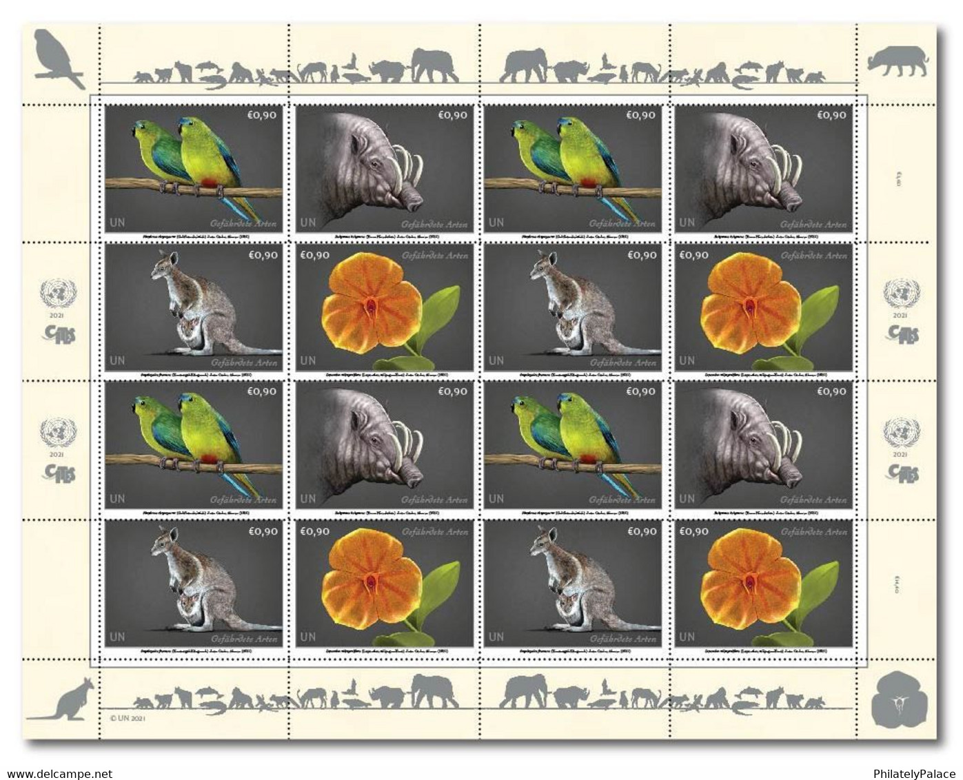 UN 2021 United Nations Endangered Species Wildlife Parrot , Babirusa, Wallaby ,Lepanthes Flora Fauna Bird Set MNH (**) - Unused Stamps