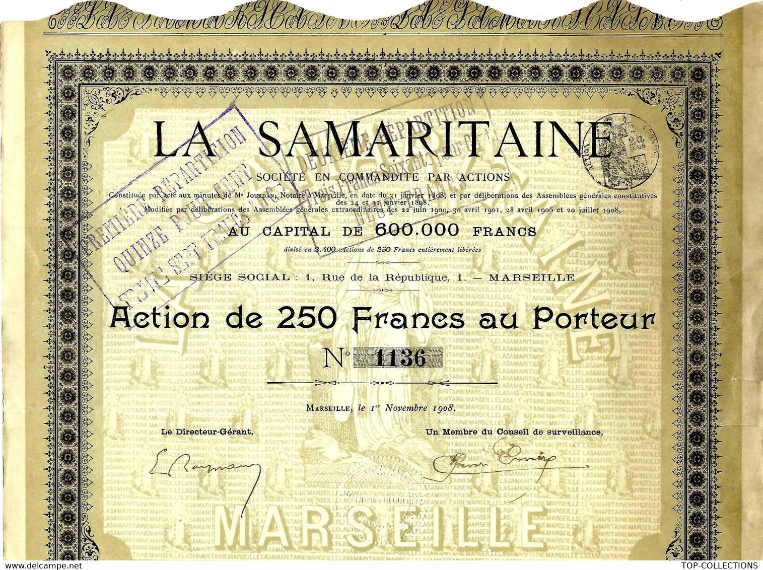 Titre Ancien - La Samaritaine - Société S - Titre De 1908  COTATION 50 EUROS REFERENCES ET HISTORIQUE - Altri & Non Classificati