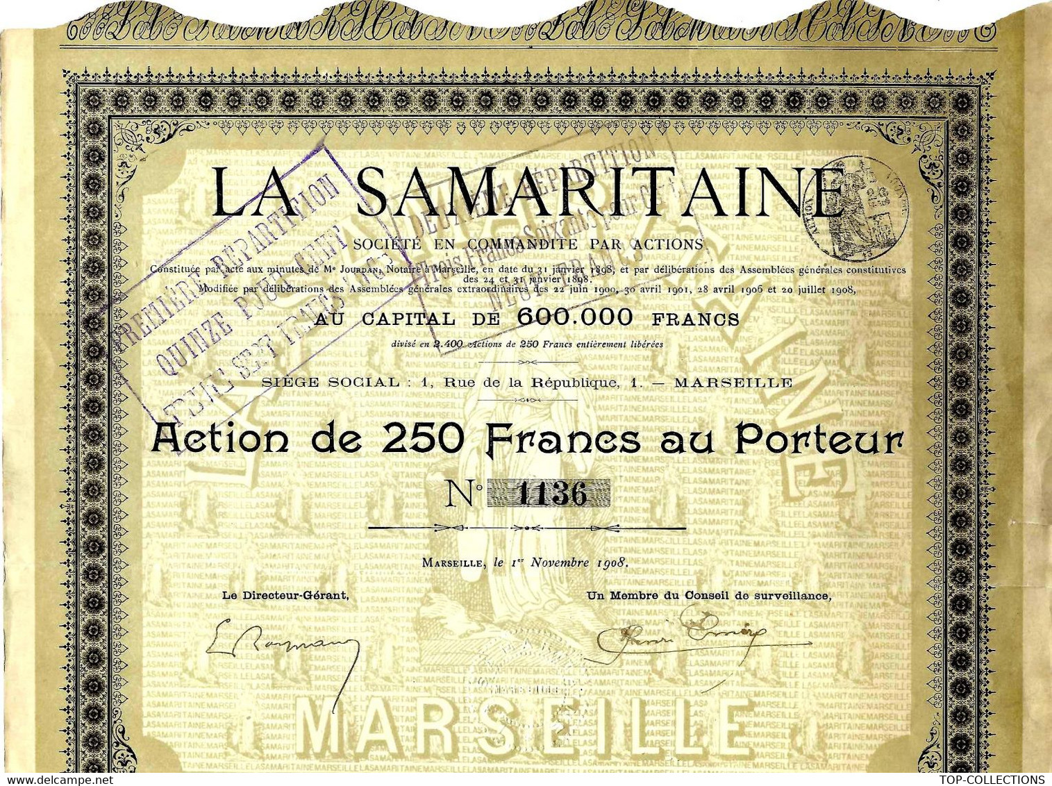 Titre Ancien - La Samaritaine - Société S - Titre De 1908  COTATION 50 EUROS REFERENCES ET HISTORIQUE - Otros & Sin Clasificación