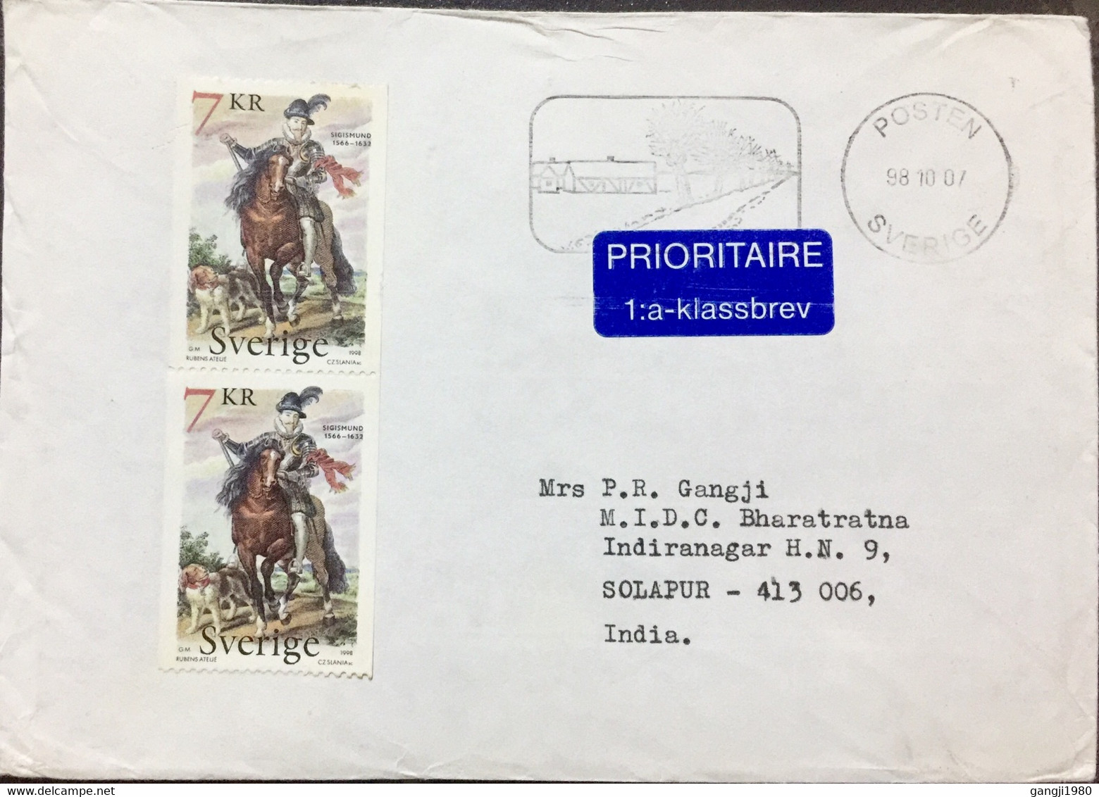 SWEDEN 2007, AIRMAIL COVER USED TO INDIA,POSTEN PICTURAL SLOGAN,CANCELLATION!!! SIGISMUND 1998 STAMPS PAIR - Storia Postale
