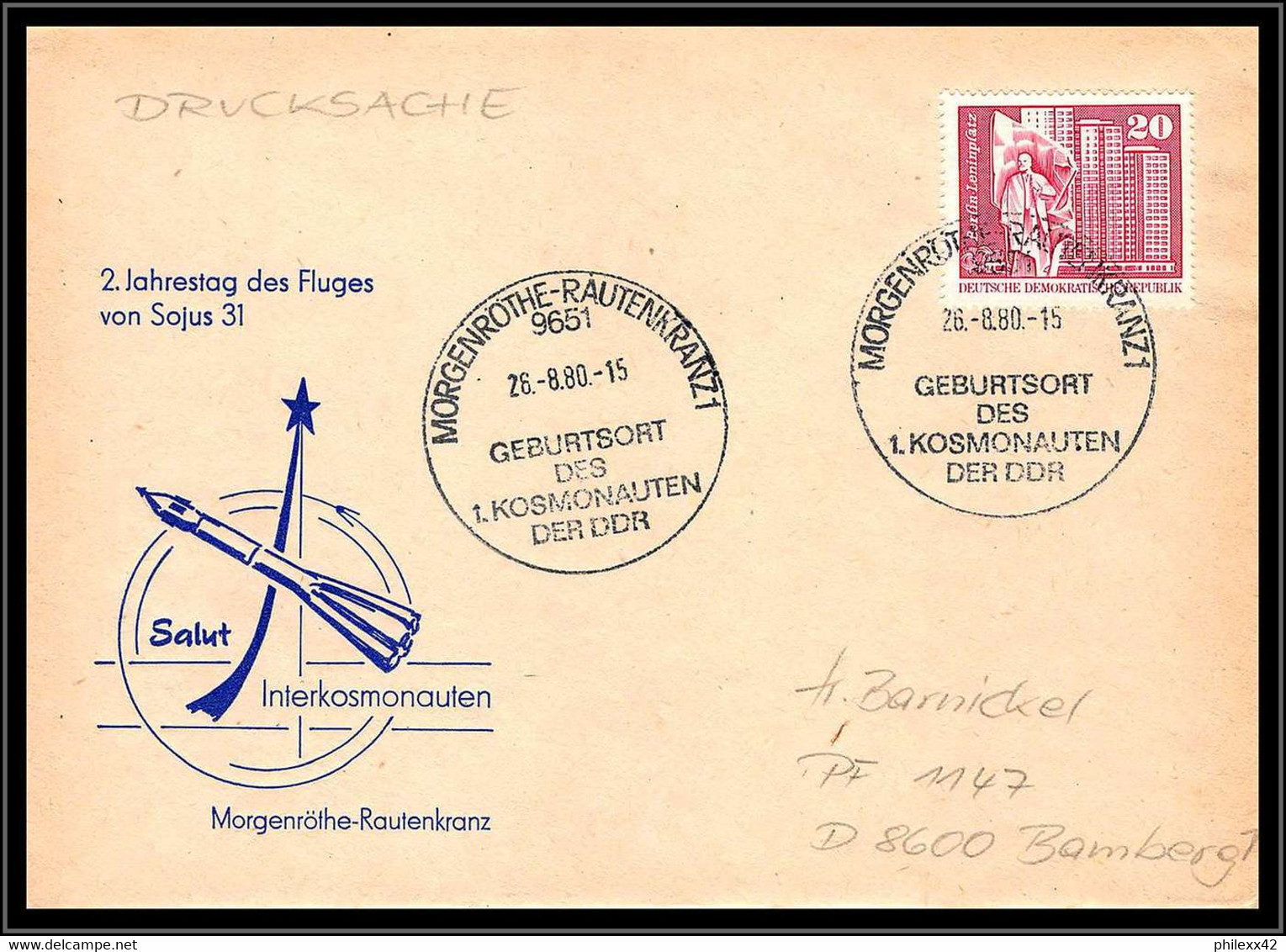 68078 Sojus 31 Soyuz Geburtsort Des Kosmonauten Der Ddr 26/8/1980 Morgenröthe Allemagne Germany DDR Espace Space Lettre - Europa