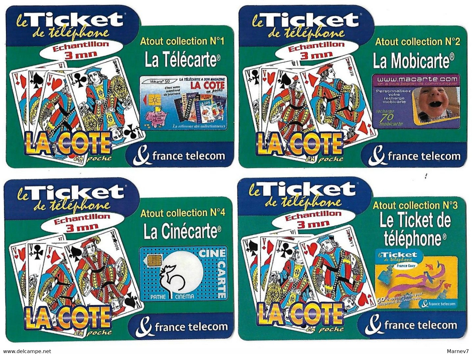 Télécarte FT Ticket De Téléphone échantillon 3 Mn - La COTE - Mobicarte Cinécarte - Valet Valets Belote Atout - 4 Cartes - FT Tickets