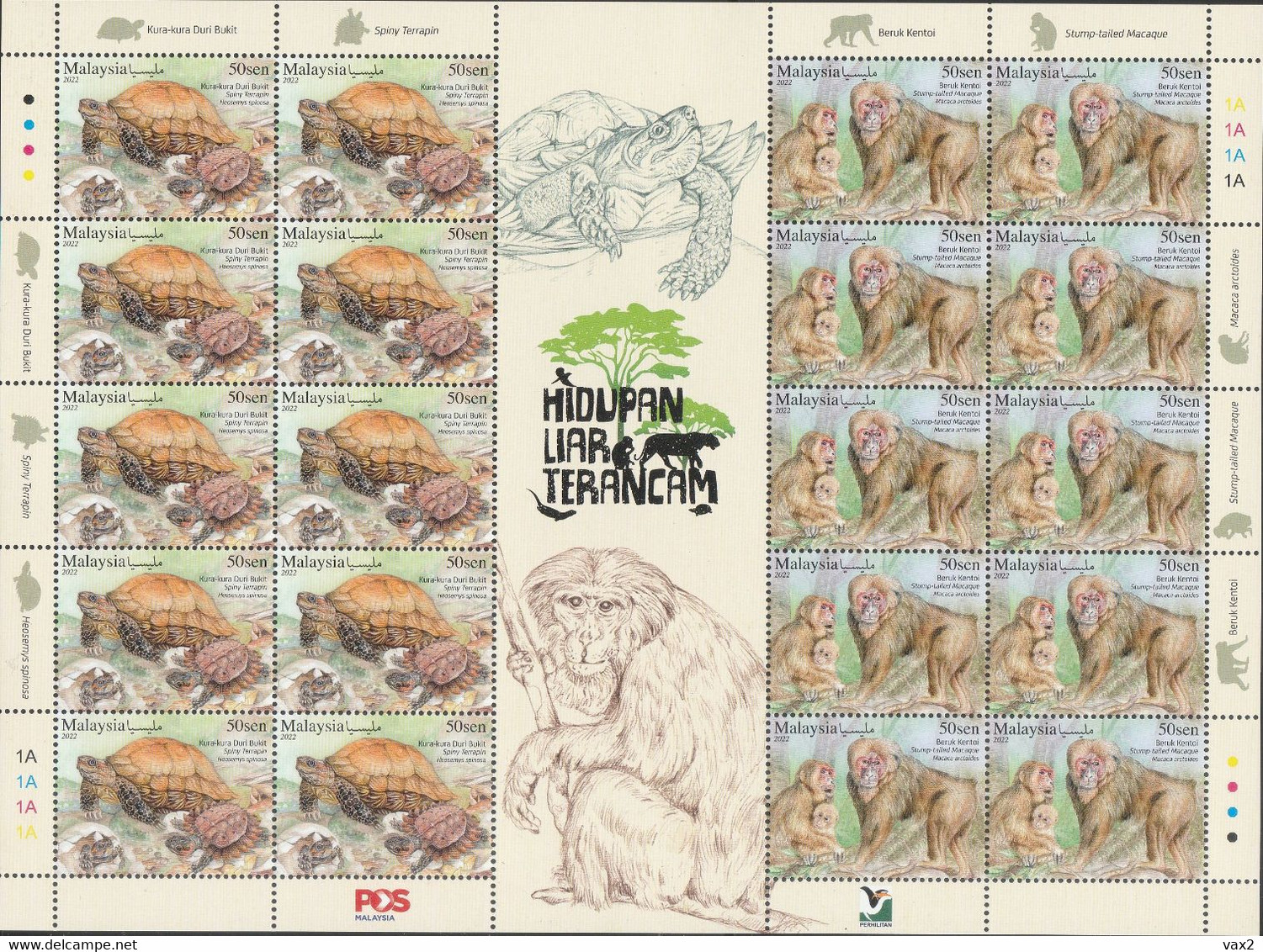 Malaysia 2022-2 Endangered Wildlife Full Sheet MNH Fauna Turtle Monkey Otter Bird - Malasia (1964-...)