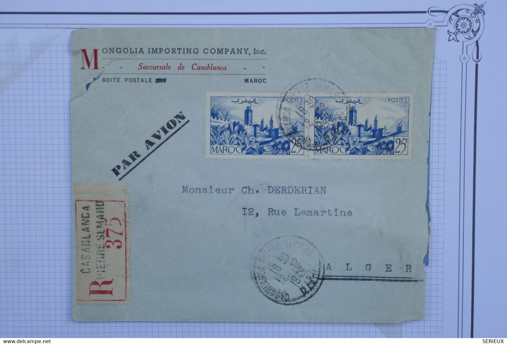 Q26 MAROC   BELLE LETTRE RECOM. PRIVEE 1949 CASABLANCA POUR ALGER ALGERIE PAIRE++ARCH. DERDERIAN + ++ AFFRANCH. PLAISANT - Covers & Documents