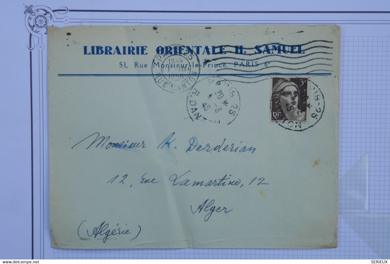 Q26 FRANCE   BELLE  LETTRE 1945 PARIS  POUR ALGER ALGERIE ++ARCH. DERDERIAN + ++ AFFRANCH. PLAISANT - Lettres & Documents