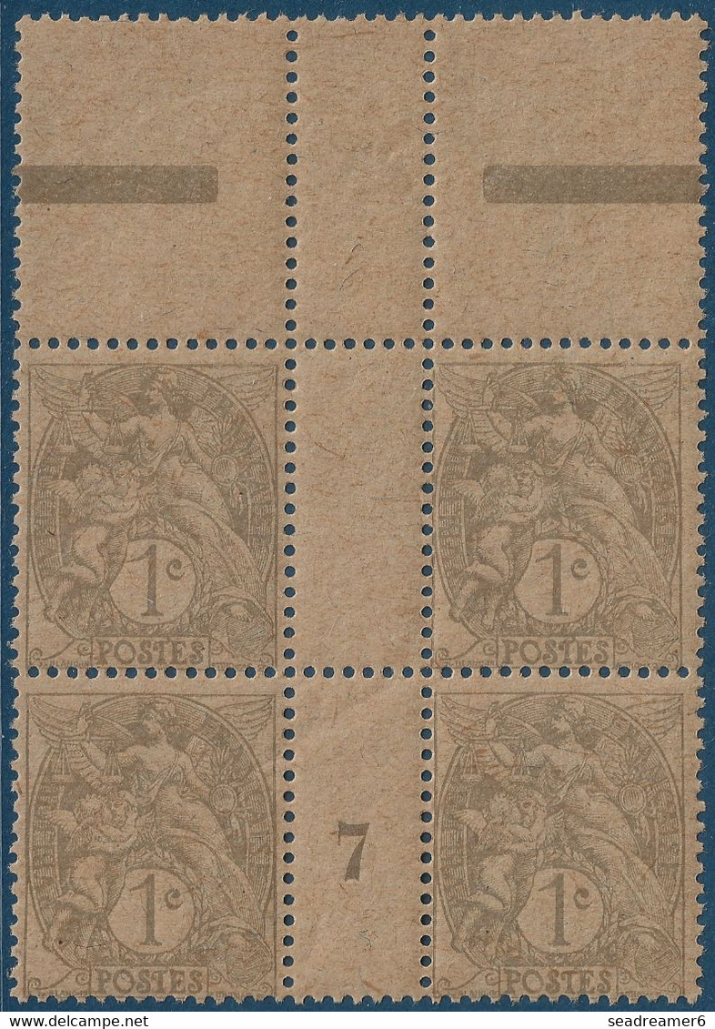 France Type Blanc Bloc De 4 Manchette ( Papier Crème) Millésime 7 De 1917 N°107** Type IA 1c Gris Fraicheur Postale - 1900-29 Blanc