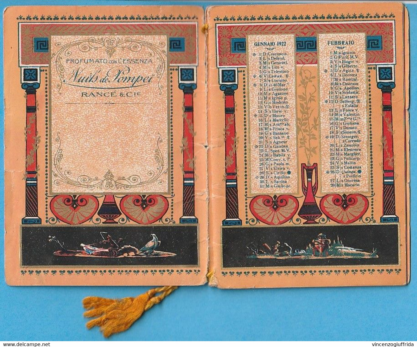 Calendarietto Barbiere Le Meraviglie Di Pompei Rancè 1922 - Petit Format : 1901-20