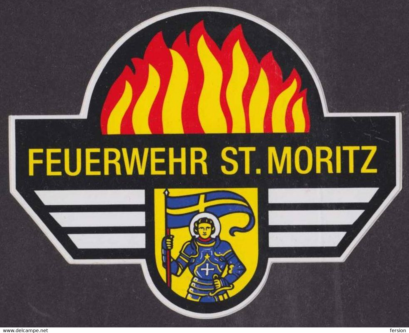 FIRE Department Feuerwehr / Fireman / Self  Adhesive Sticker - St. Moritz / Saint Florian FLAG - SUISSE Switzerland - Firemen