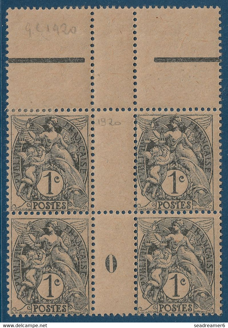 France Type Blanc Bloc De 4 Manchette (papier Crème) Millésime 0 De 1920 N°107g** Type IA 1c Ardoise Fraicheur Postale - 1900-29 Blanc