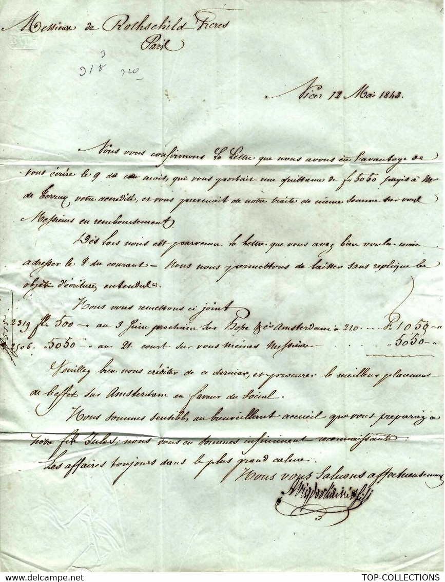 JUDAICA 1843 De Nice Sign. Avigdor  L’Ainé Pour De Rothschild Fr. à Paris BANQUE FINANCE VOIR SCANS+HISTORIQUE - Sonstige & Ohne Zuordnung