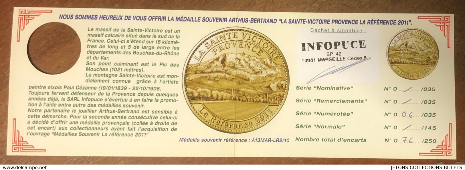 13 LA SAINTE VICTOIRE QUE L'ENCART SANS MÉDAILLE TOURISTIQUE ARTHUS-BERTRAND JETON MEDALS COINS TOKENS - 2011