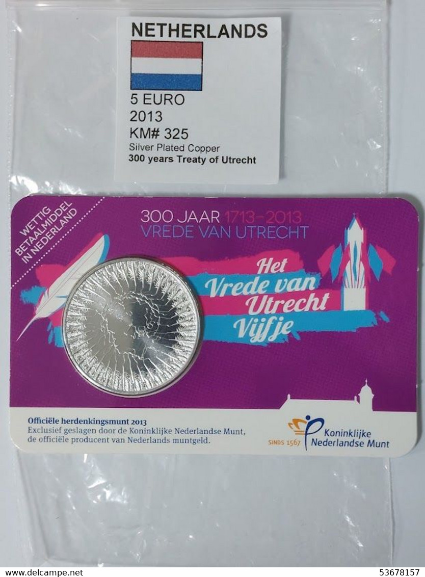 Netherlands - 5 Euro, 2013, 300th Anniversary - Treaty Of Utrecht, KM# 325 - Monnaies D'or Et D'argent