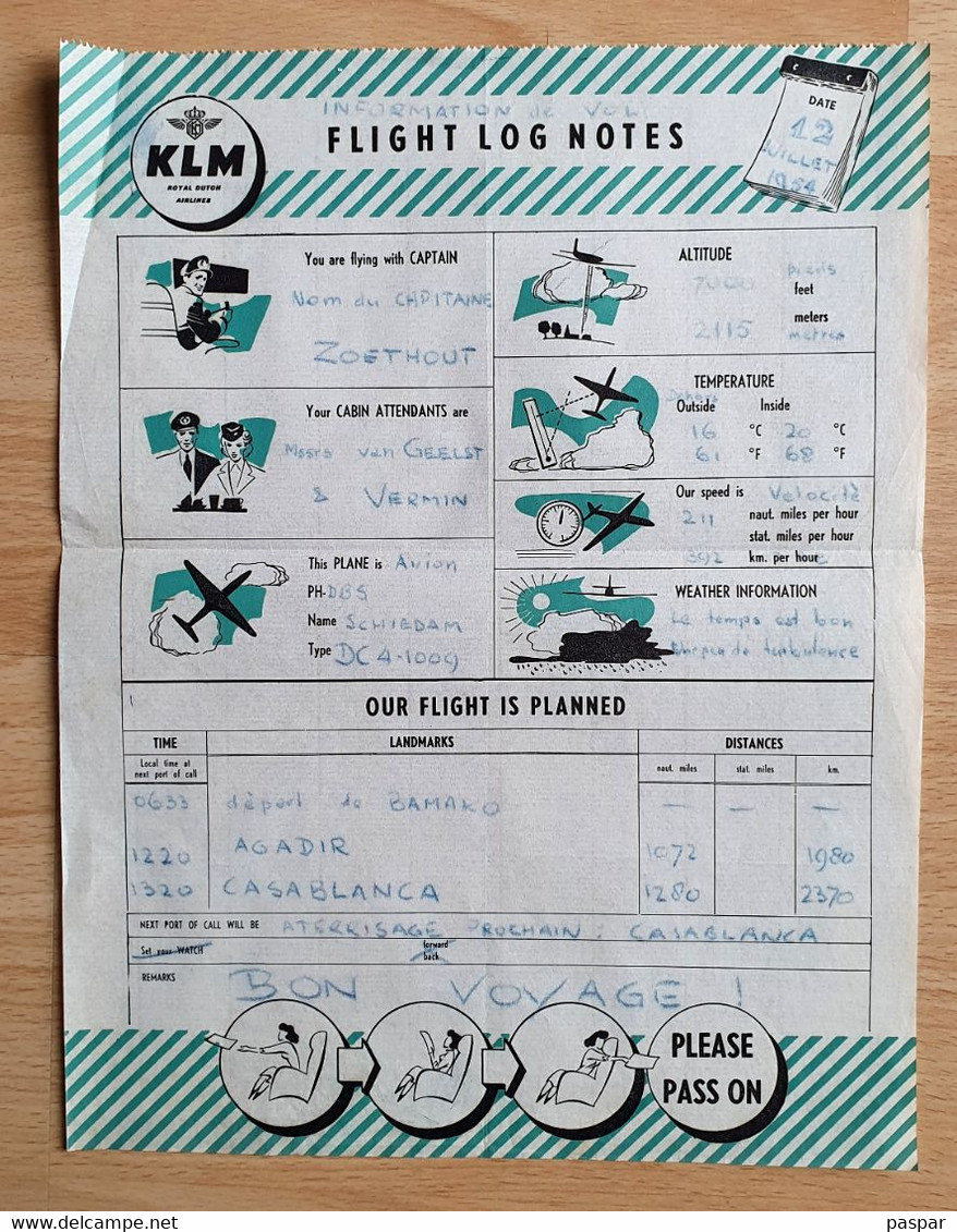 KLM Flight Log Notes Informations De Vol - Douglas DC4-1009 PH DB5 Schiedam - Bamako Agadir Casablanca 1954 - Magazines Inflight