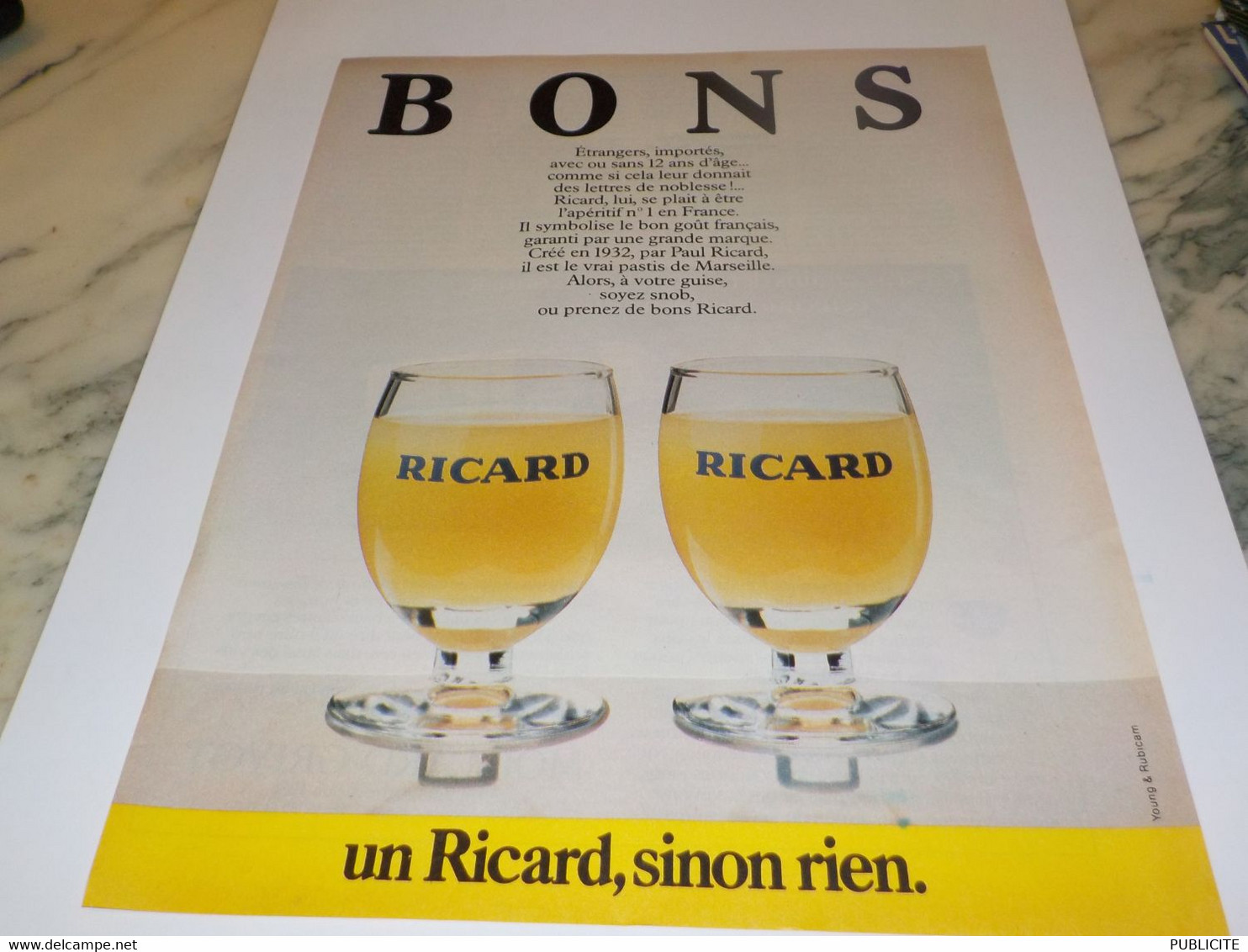 ANCIENNE  PUBLICITE BONS  UN RICARD SINON RIEN  1984 - Alcools