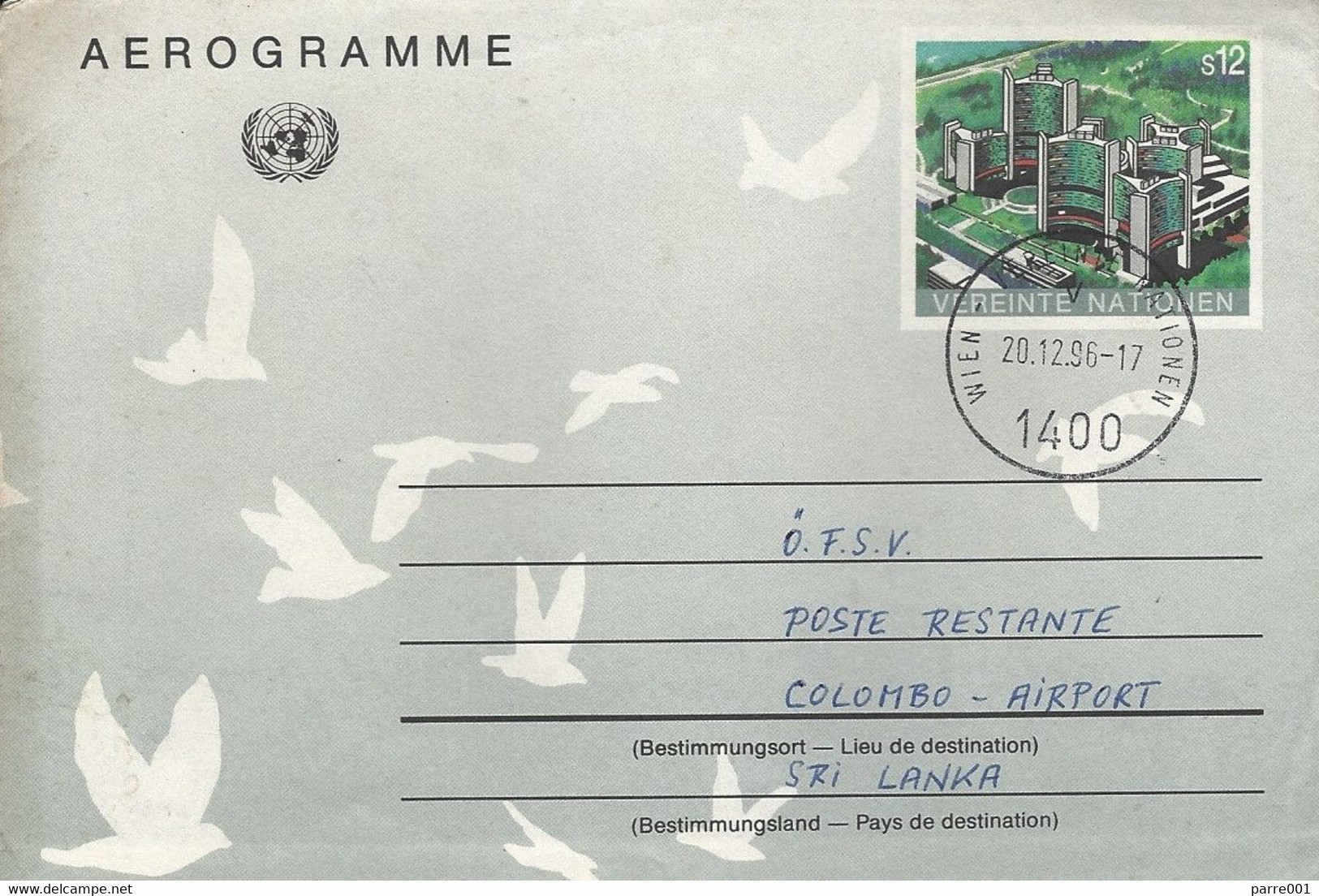 UN 1996 Wien Vienna Aerogramme To Sri Lanka - Brieven En Documenten