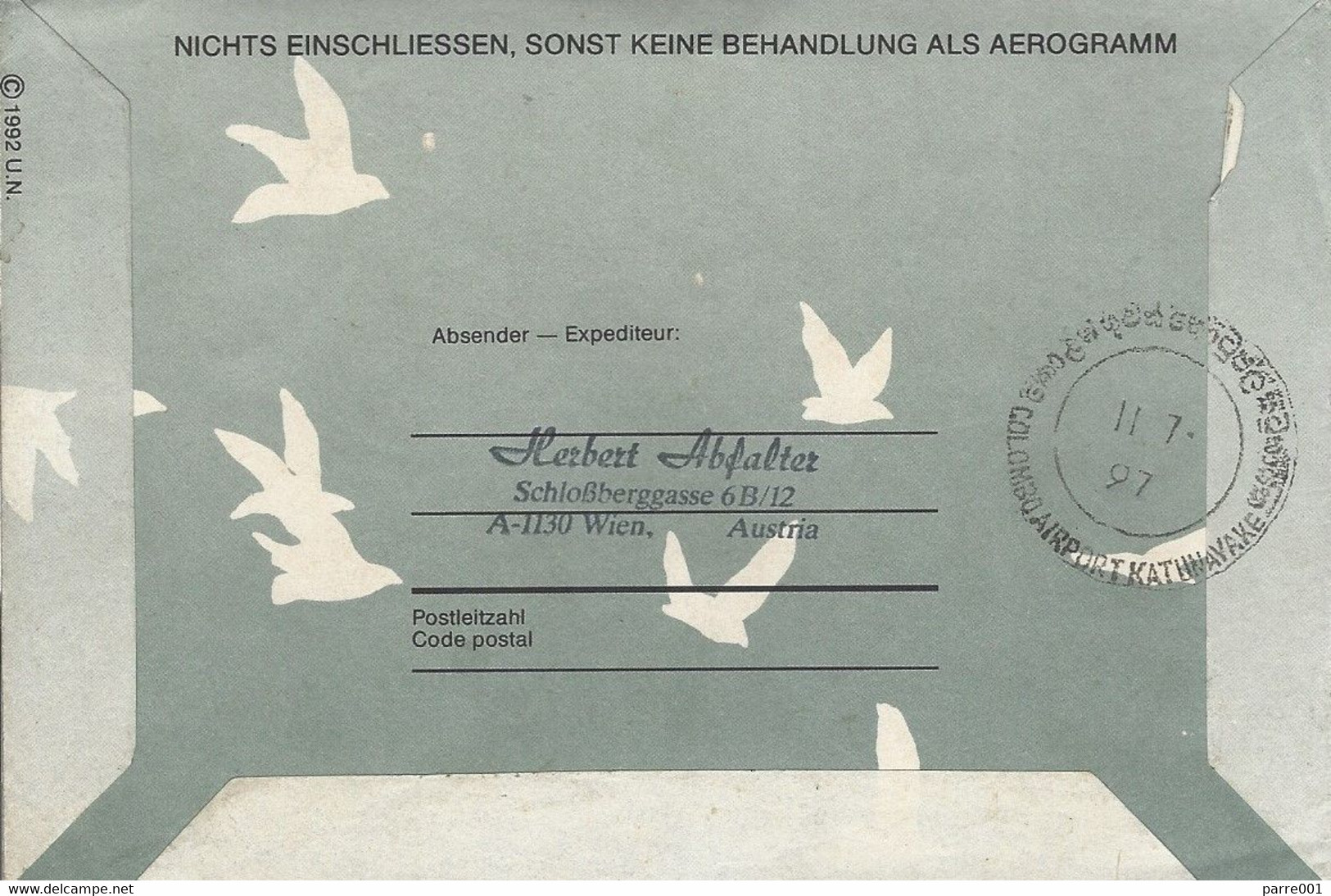 UN 1996 Wien Vienna Aerogramme To Sri Lanka - Covers & Documents