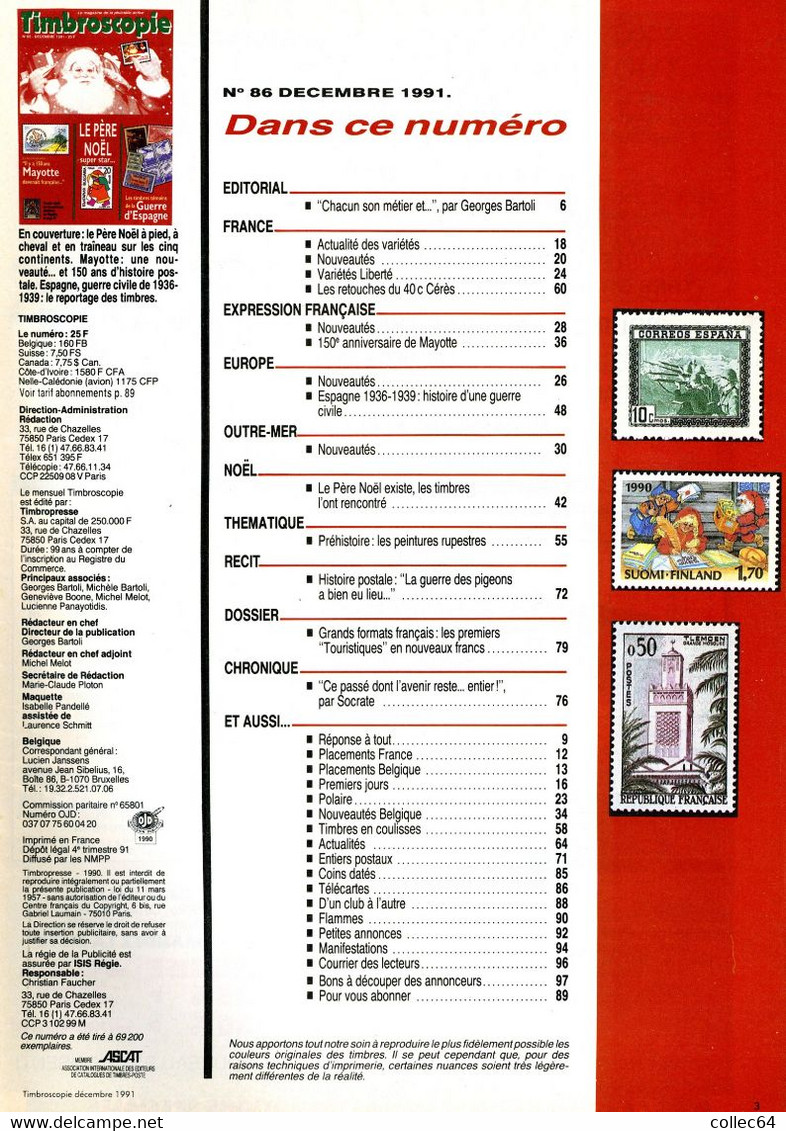 TIMBROSCOPIE N°86 (12/1991) - Père Noël - Guerre D'Espagne - Mayotte - Préhistoire - Pigeon-grammes - Français (àpd. 1941)