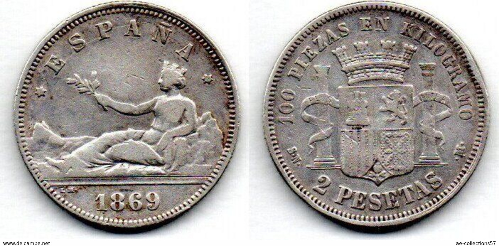 Espagne- 2 Pesetas 1869 (68) SN-M TB+ - Primeras Acuñaciones