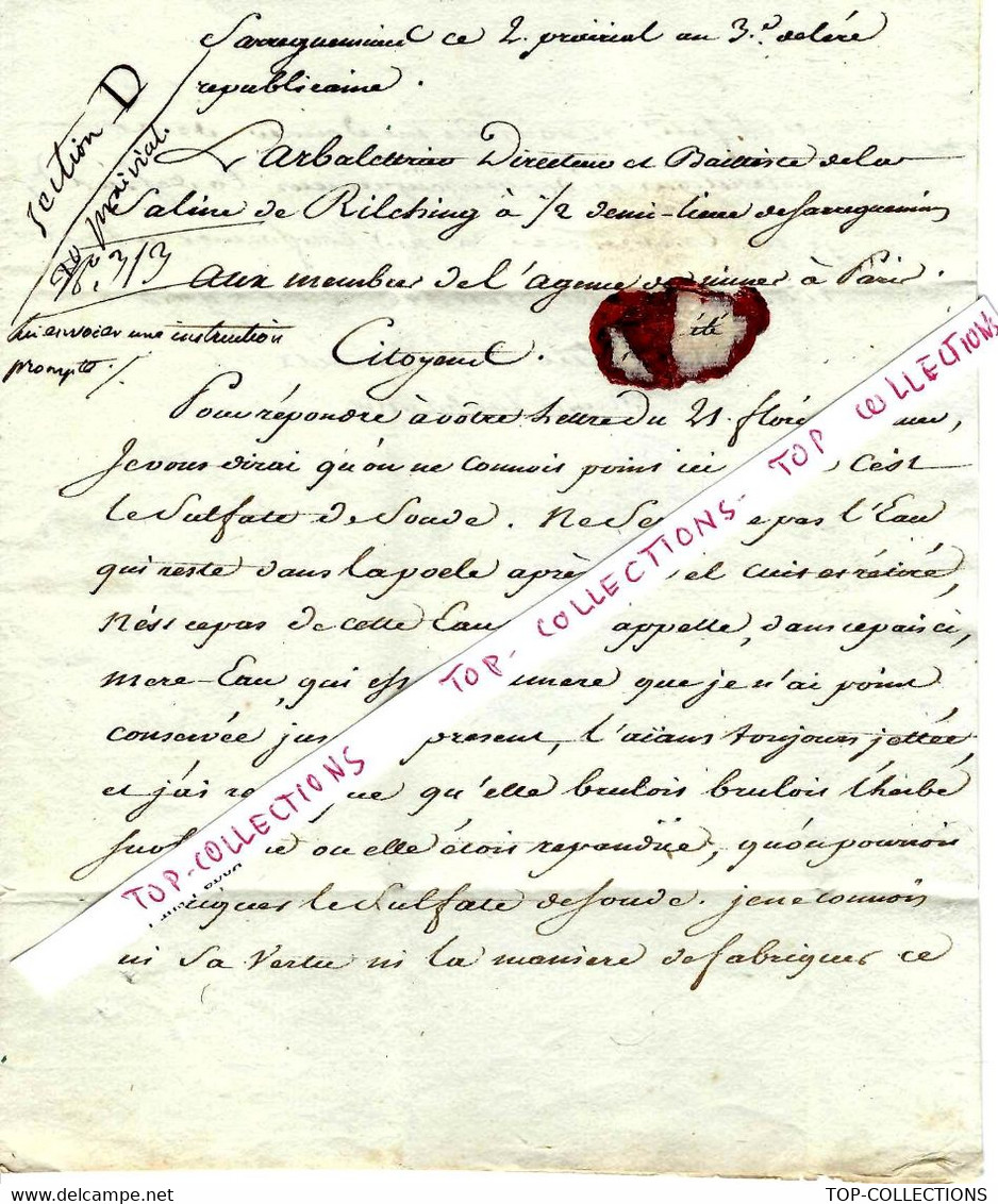 REVOLUTION  SEL SALINS SALINES 1795  AGENCE DES MINES à Paris  ECOLE DES MINES Par Directeur Saline De Rilching Rilchig - Documents Historiques