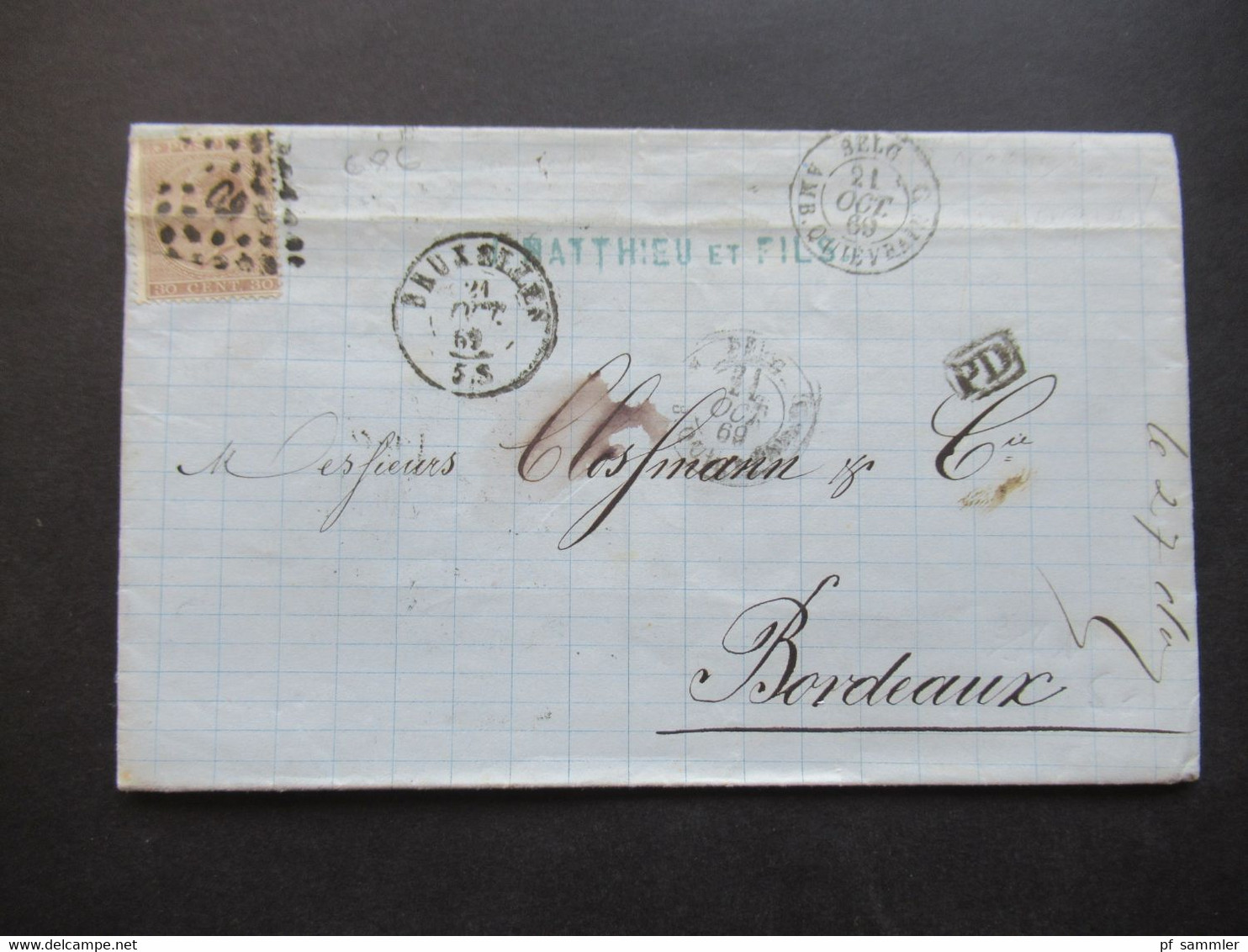 Belgien 1869 Nr.16 EF Auslandsbrief Bruxelles - Bordeaux Rauten Nr. Stempel / PD / Belg AMB Quievrain Faltbrief Inhalt - 1865-1866 Perfil Izquierdo