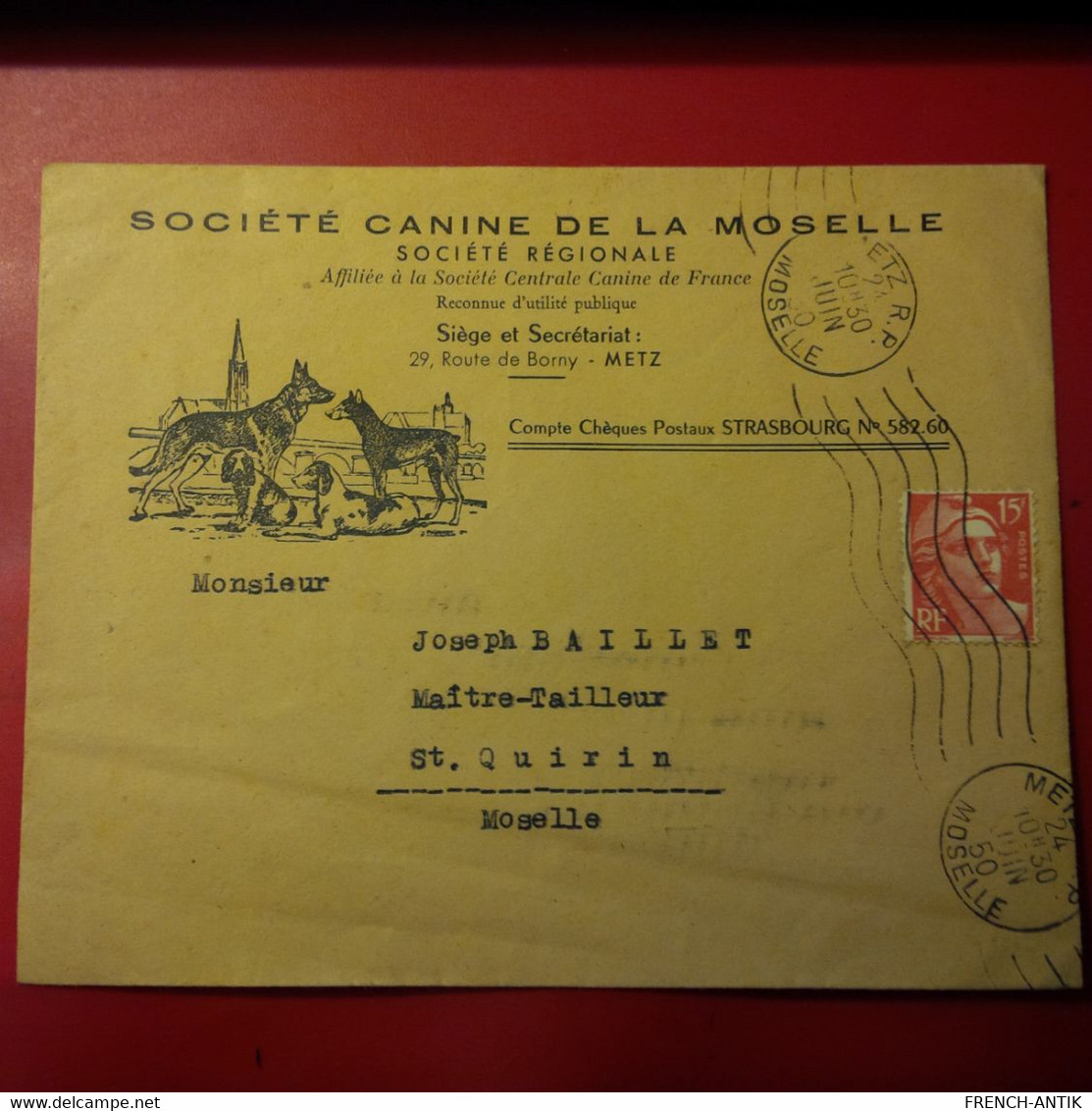 LETTRE SOCIETE CANINE DE LA MOSELLE METZ POUR ST QUIRIN - Lettres & Documents