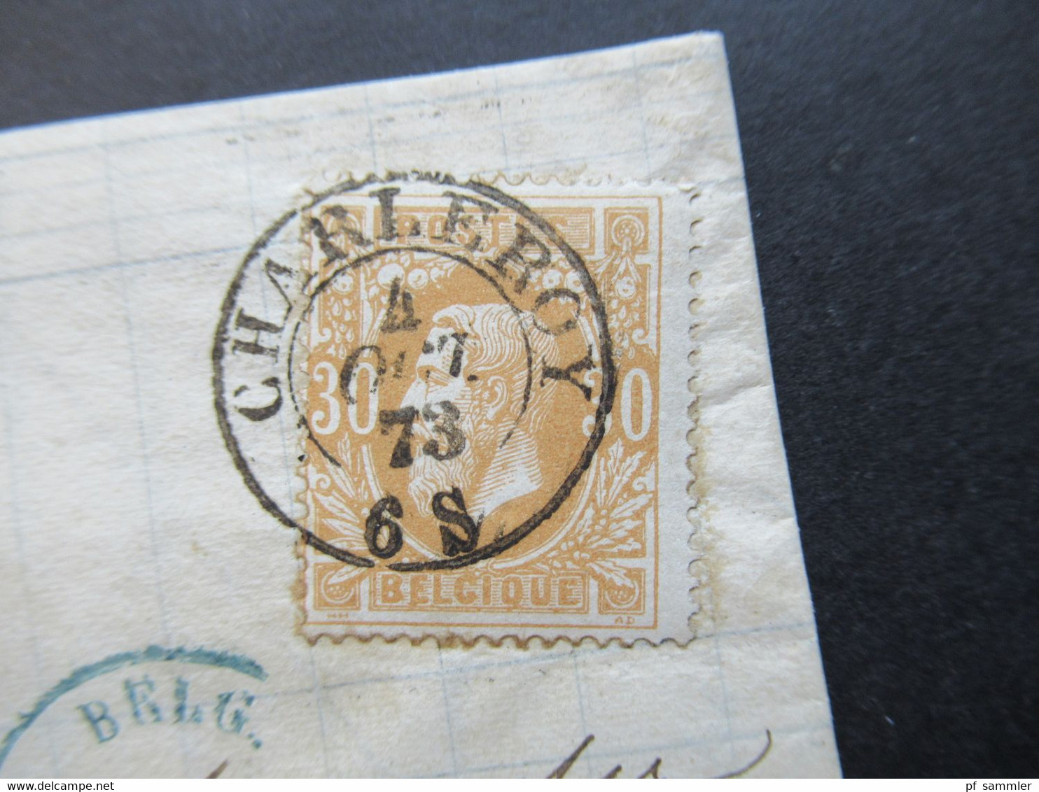 Belgien 1873 EF Nr.30 Auslandsbrief Charleroy - Paris Blauer K2 Belg. 2 Erquelines / PD Gedruckter Faltbrief Mit Inhalt - 1869-1883 Léopold II
