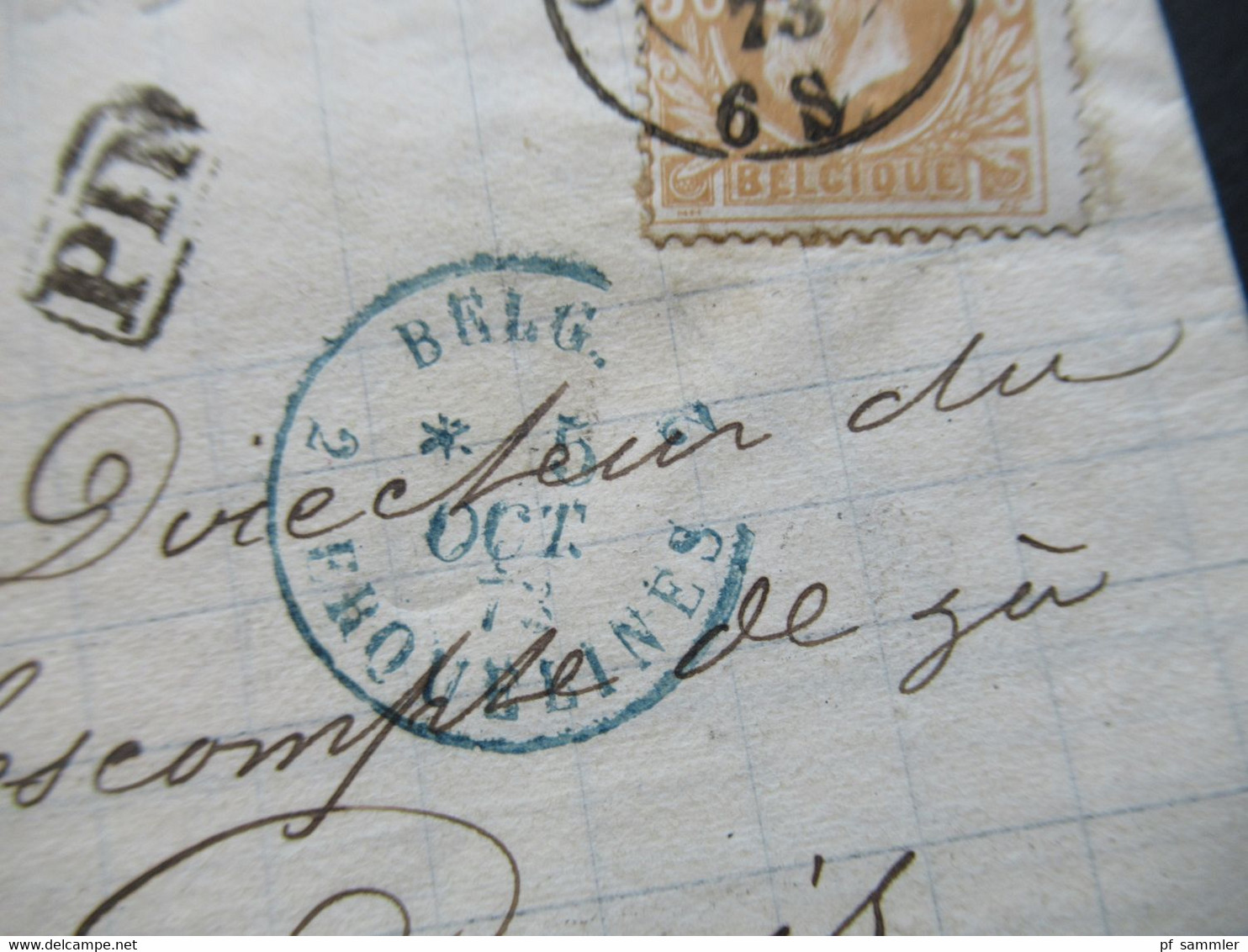 Belgien 1873 EF Nr.30 Auslandsbrief Charleroy - Paris Blauer K2 Belg. 2 Erquelines / PD Gedruckter Faltbrief Mit Inhalt - 1869-1883 Leopoldo II